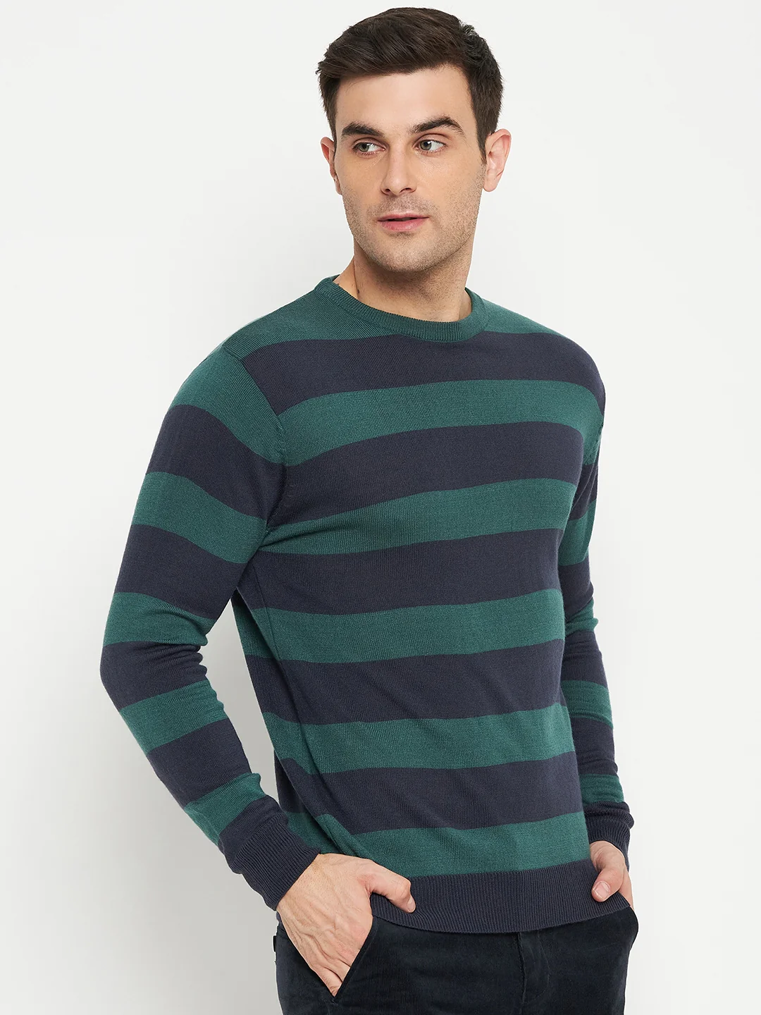 Striped Navy Blue Full Sleeves Round Neck Regular Fit Casual Sweater for Men - Image 4
