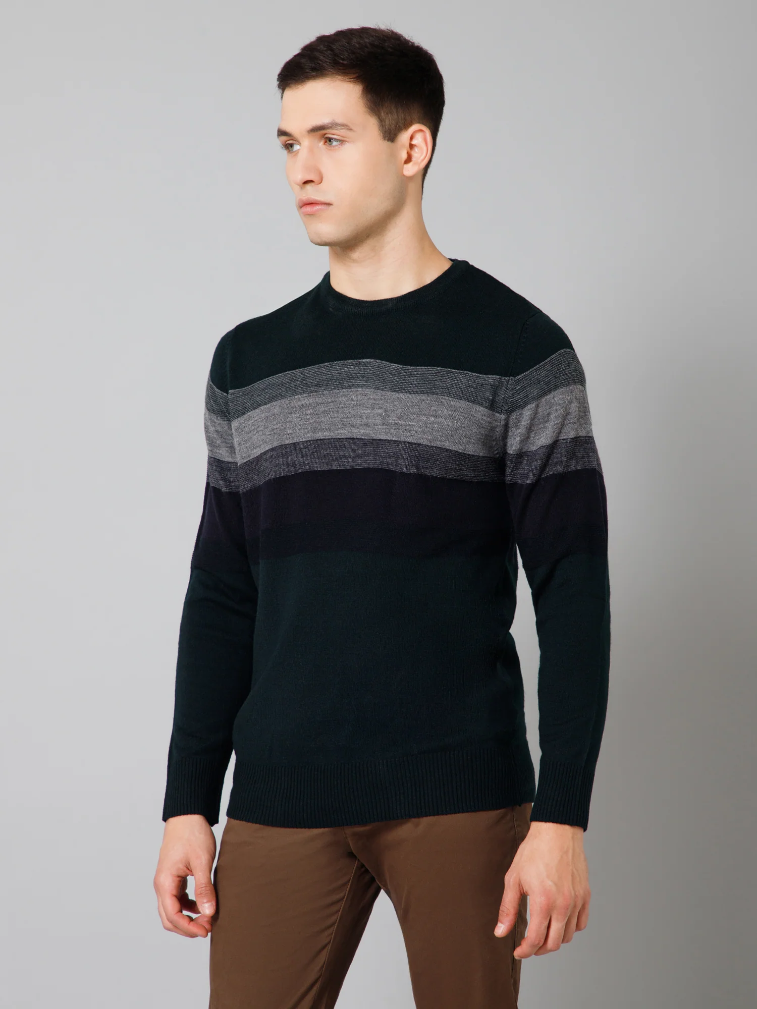 Striped Navy Blue Full Sleeves Round Neck Regular Fit Casual Sweater for Men - Image 2