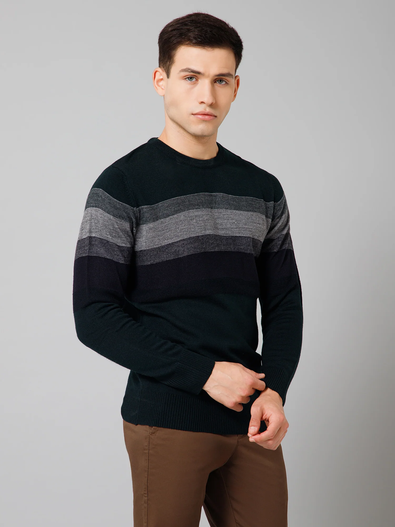 Striped Navy Blue Full Sleeves Round Neck Regular Fit Casual Sweater for Men - Image 3