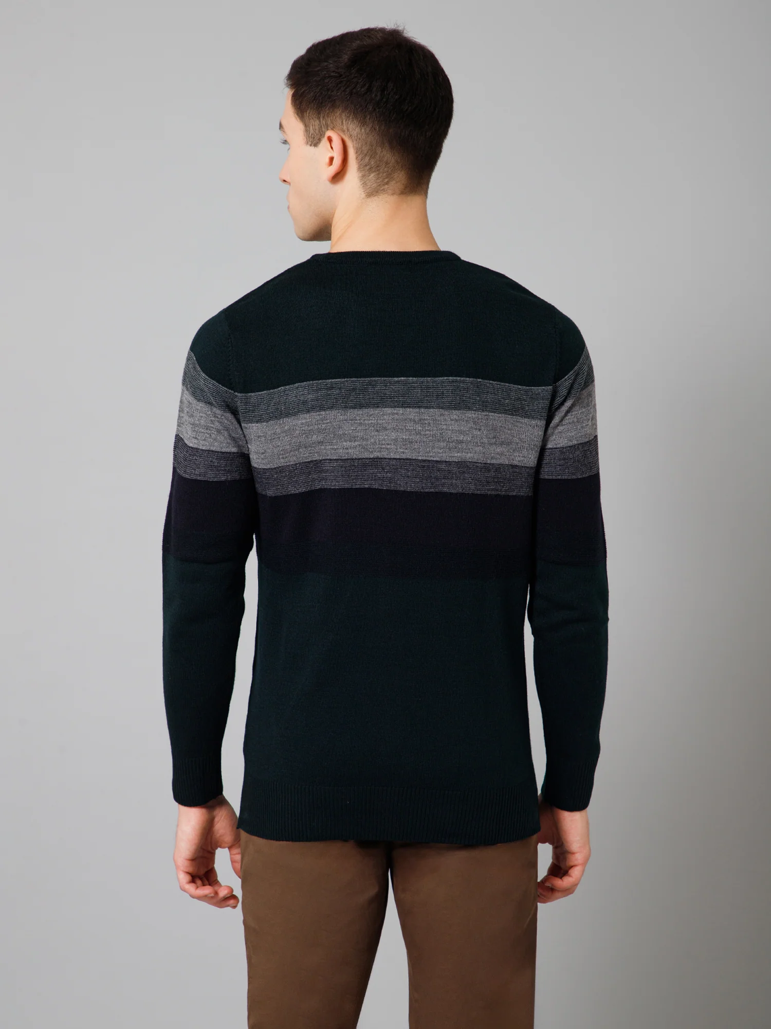 Striped Navy Blue Full Sleeves Round Neck Regular Fit Casual Sweater for Men - Image 4