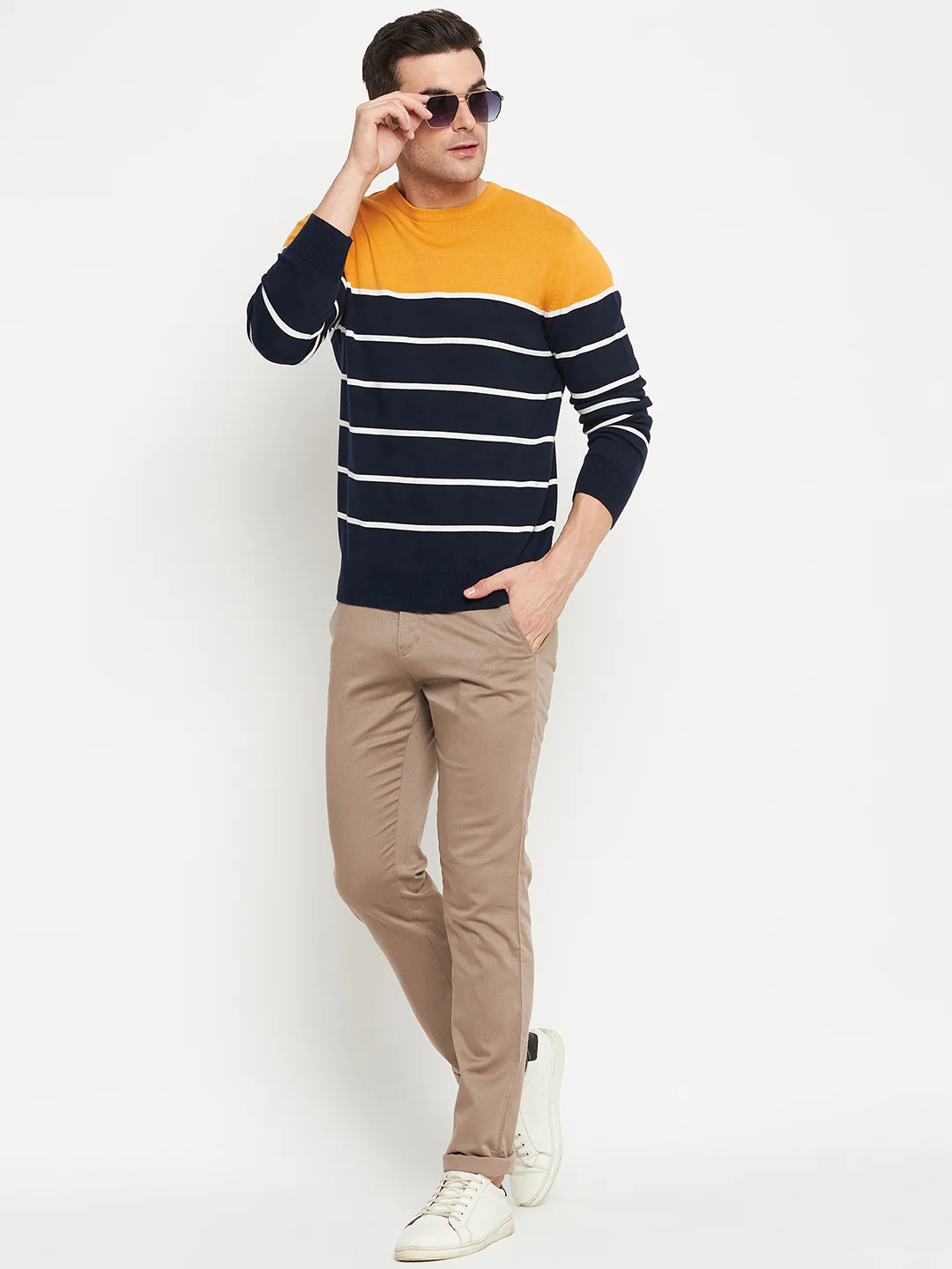 Striped Navy Blue Full Sleeves Round Neck Regular Fit Casual Sweater for Men - Image 2