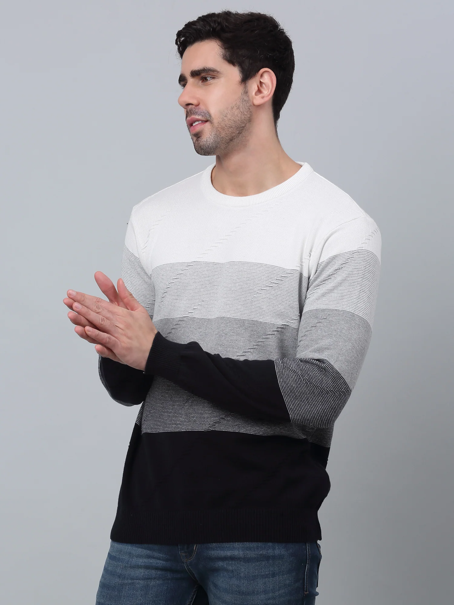 Striped Navy Blue Full Sleeves Round Neck Regular Fit Casual Sweater for Men - Image 2