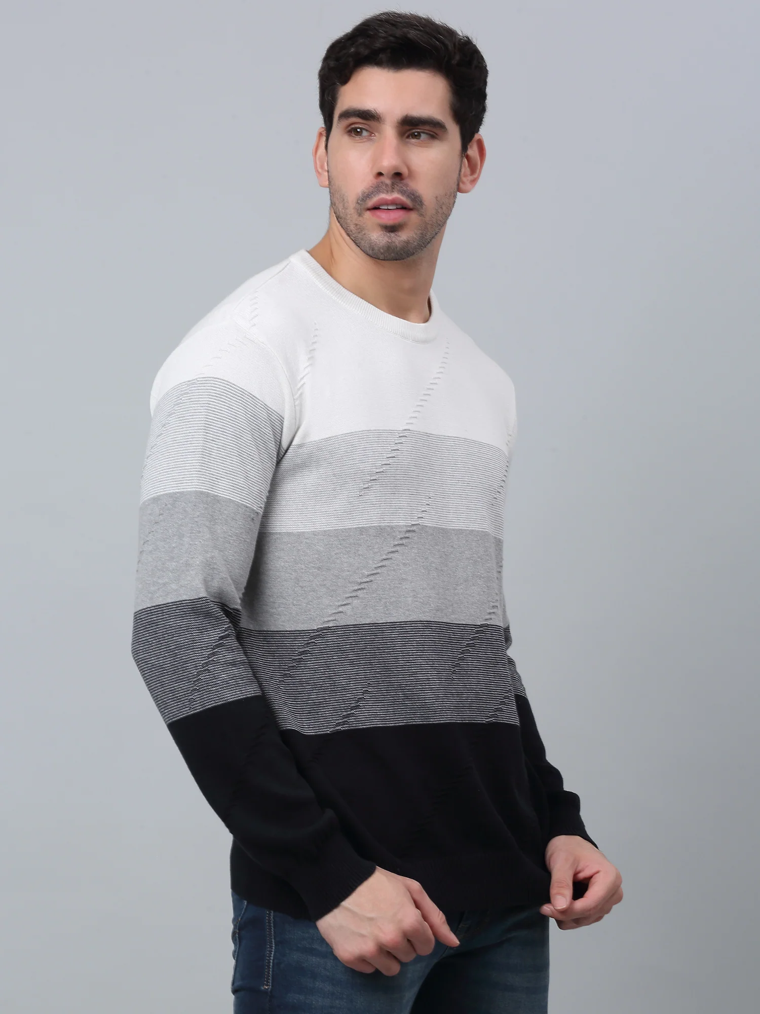 Striped Navy Blue Full Sleeves Round Neck Regular Fit Casual Sweater for Men - Image 3