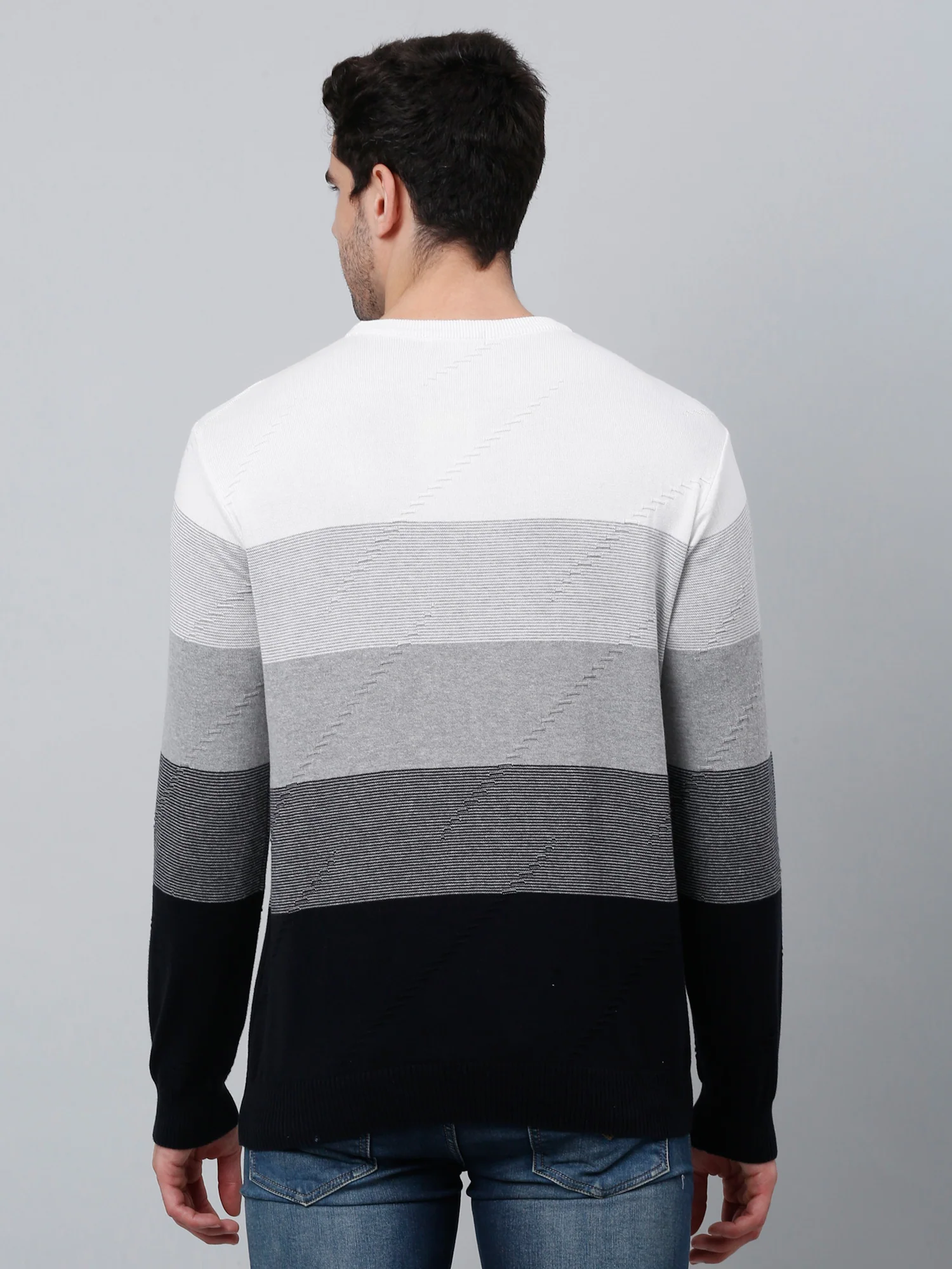 Striped Navy Blue Full Sleeves Round Neck Regular Fit Casual Sweater for Men - Image 4