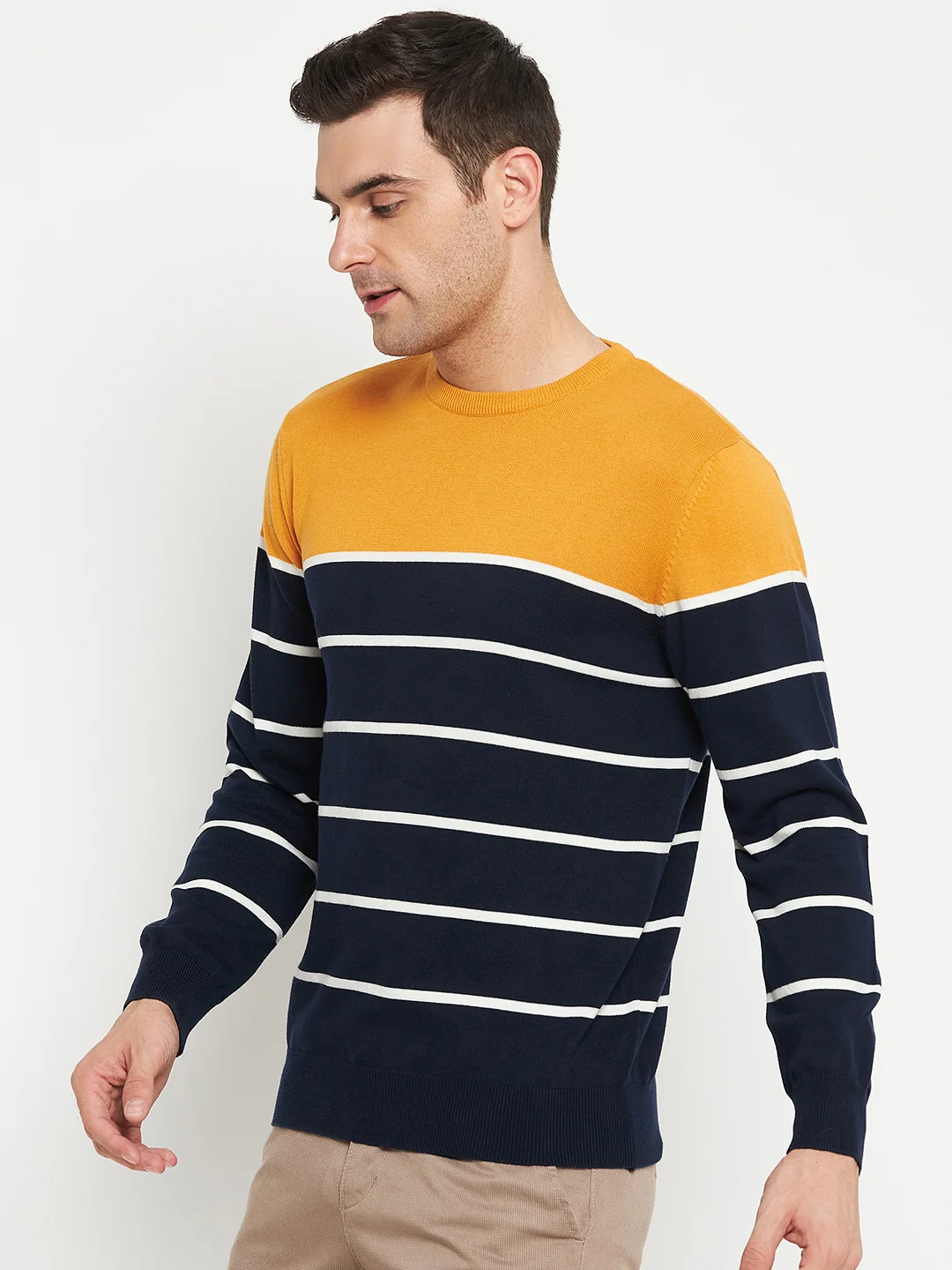 Striped Navy Blue Full Sleeves Round Neck Regular Fit Casual Sweater for Men - Image 3