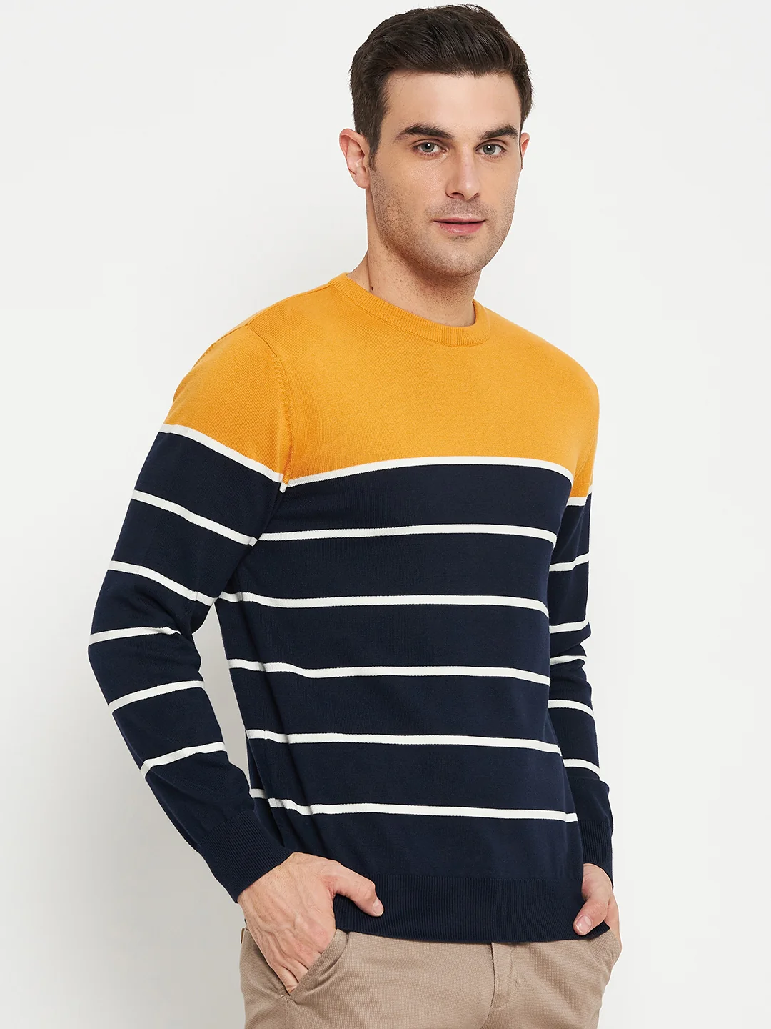 Striped Navy Blue Full Sleeves Round Neck Regular Fit Casual Sweater for Men - Image 4