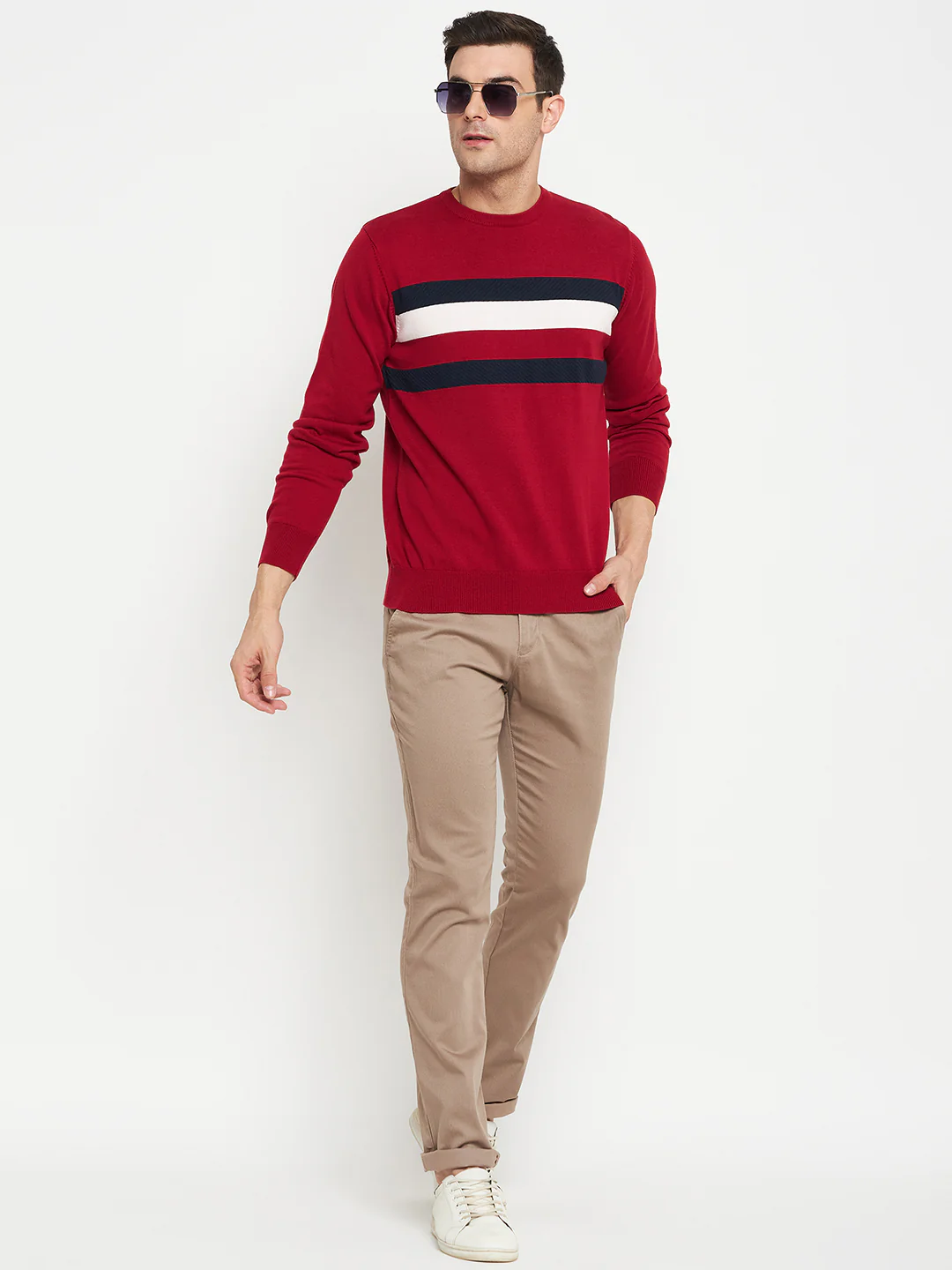 Striped Red Full Sleeves Round Neck Regular Fit Casual Sweater for Men - Image 2