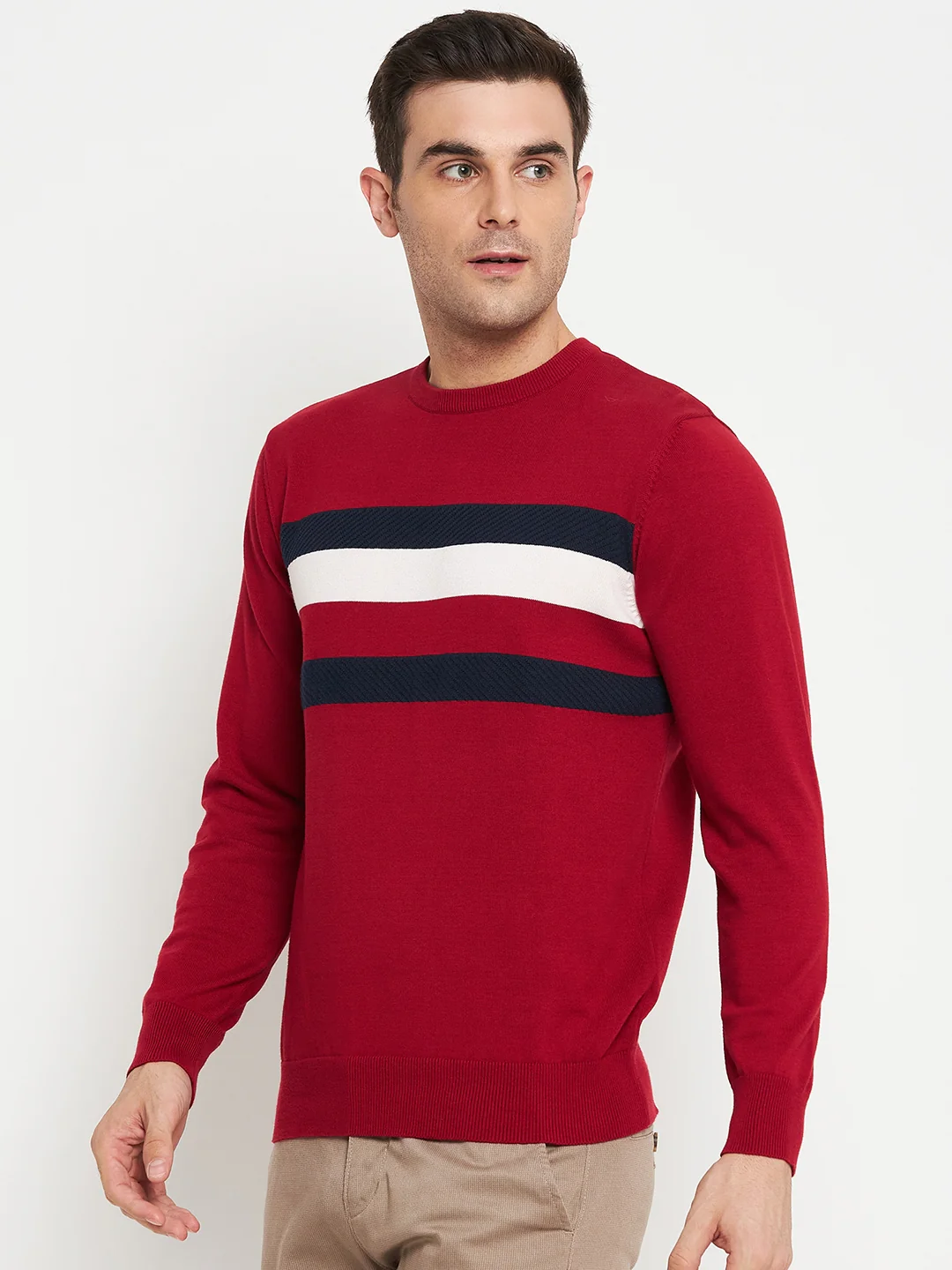 Striped Red Full Sleeves Round Neck Regular Fit Casual Sweater for Men - Image 3