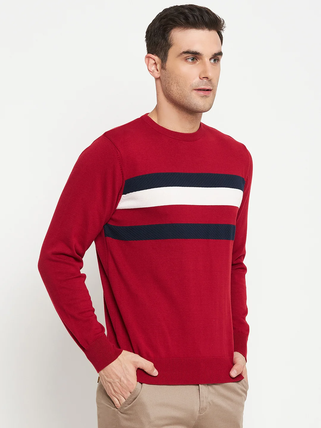 Striped Red Full Sleeves Round Neck Regular Fit Casual Sweater for Men - Image 4