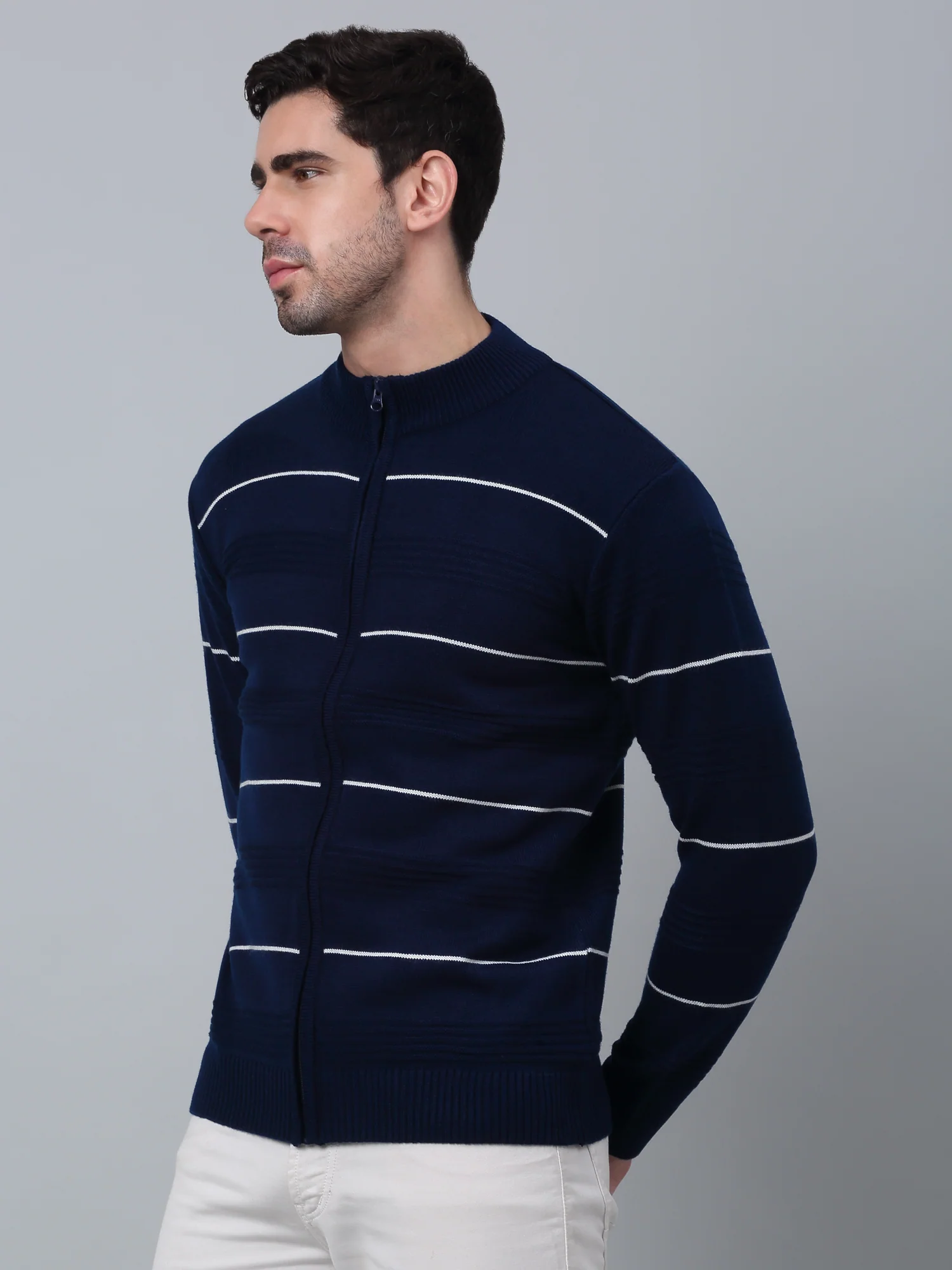 Striped Royal Blue Full Sleeves Mock Collar Regular Fit Casual Sweater for Men - Image 2