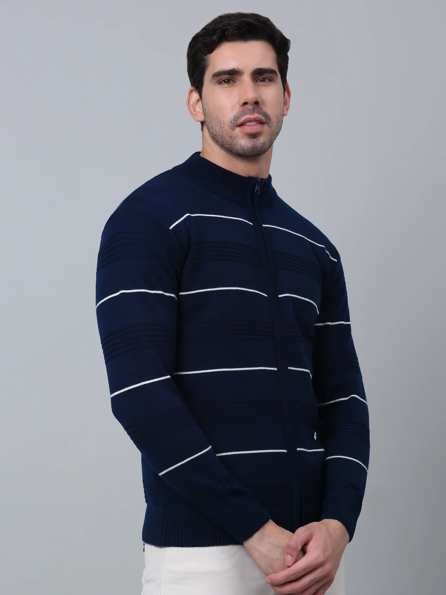 Striped Royal Blue Full Sleeves Mock Collar Regular Fit Casual Sweater for Men - Image 3