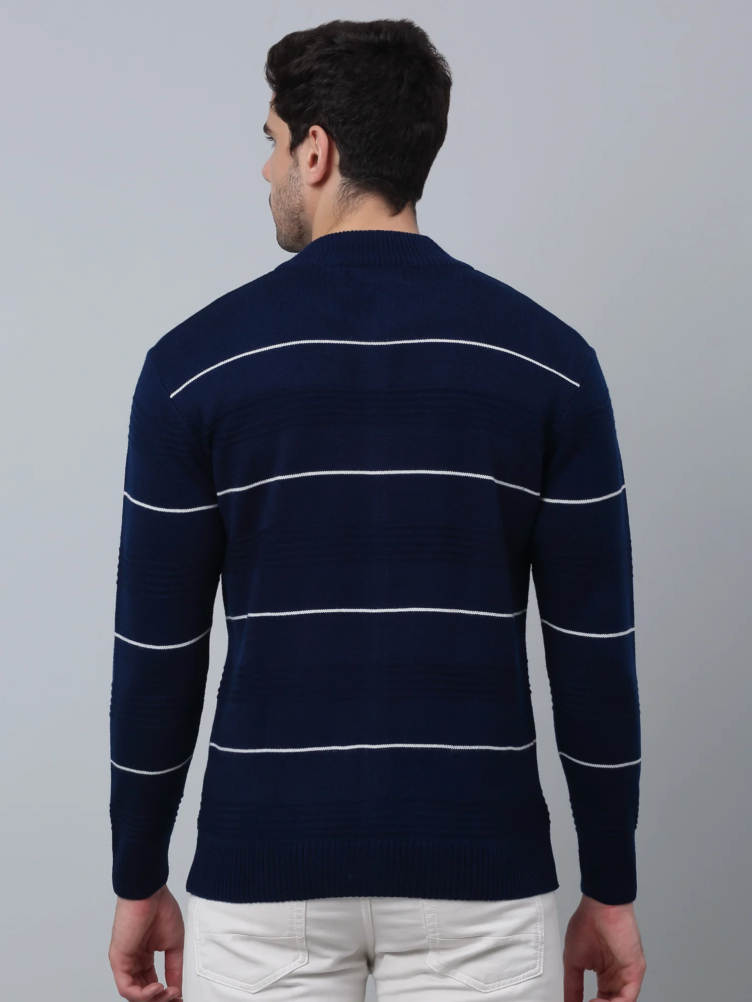 Striped Royal Blue Full Sleeves Mock Collar Regular Fit Casual Sweater for Men - Image 4