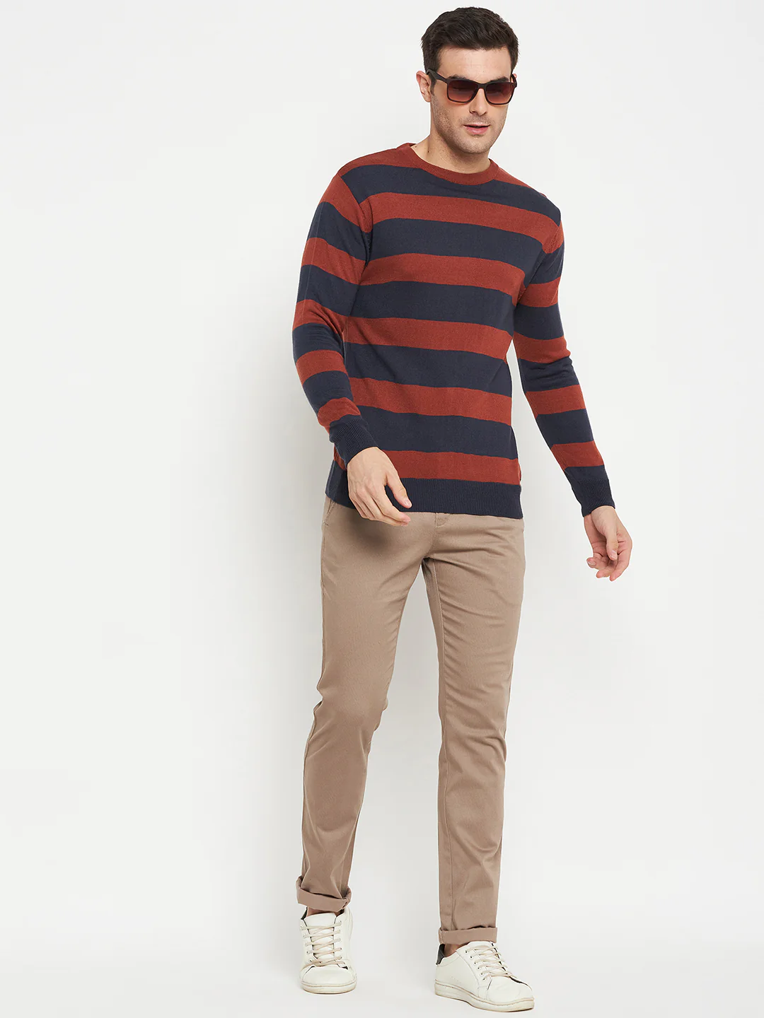Striped Rust Full Sleeves Round Neck Regular Fit Casual Sweater for Men - Image 2