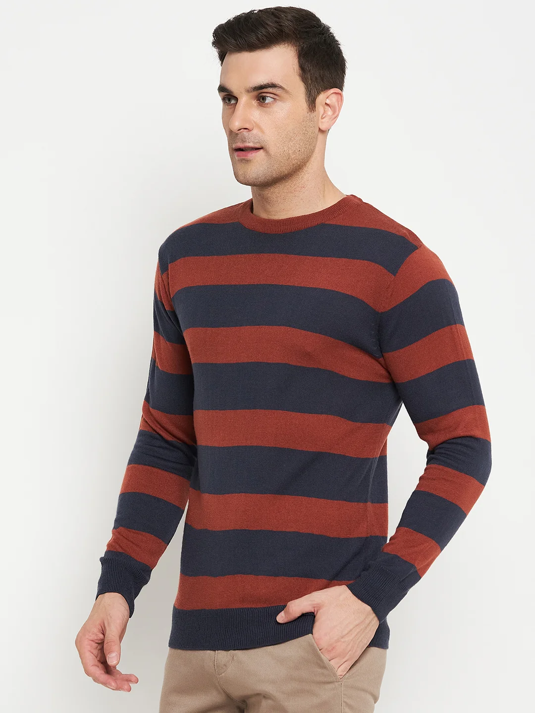 Striped Rust Full Sleeves Round Neck Regular Fit Casual Sweater for Men - Image 3