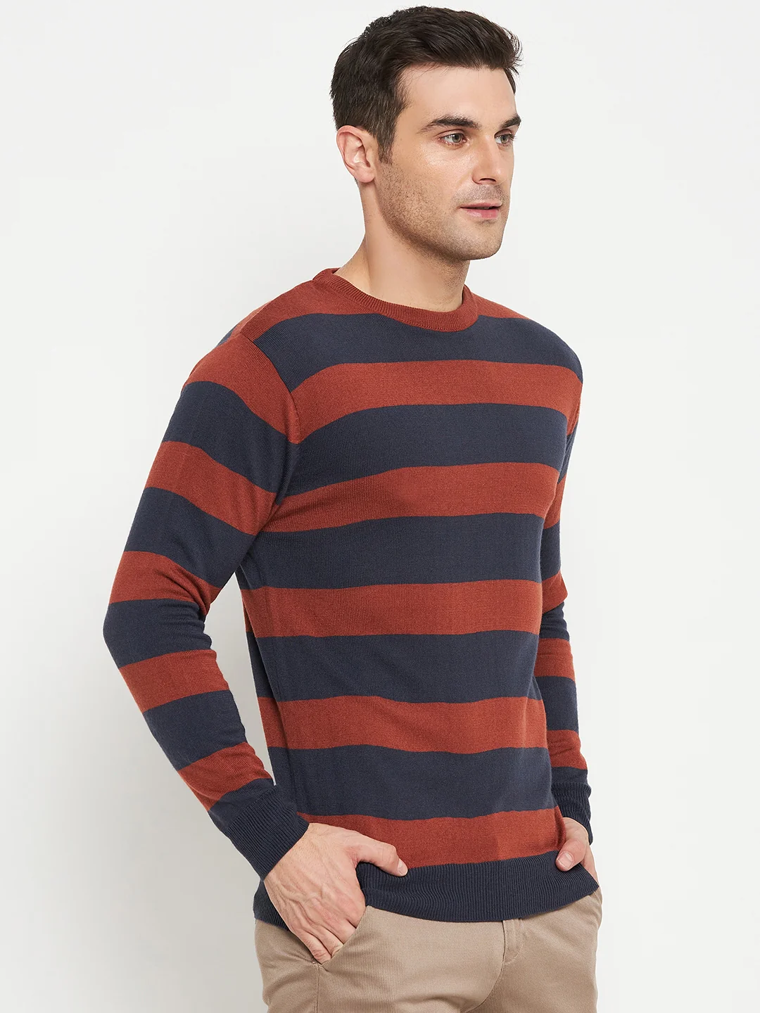 Striped Rust Full Sleeves Round Neck Regular Fit Casual Sweater for Men - Image 4