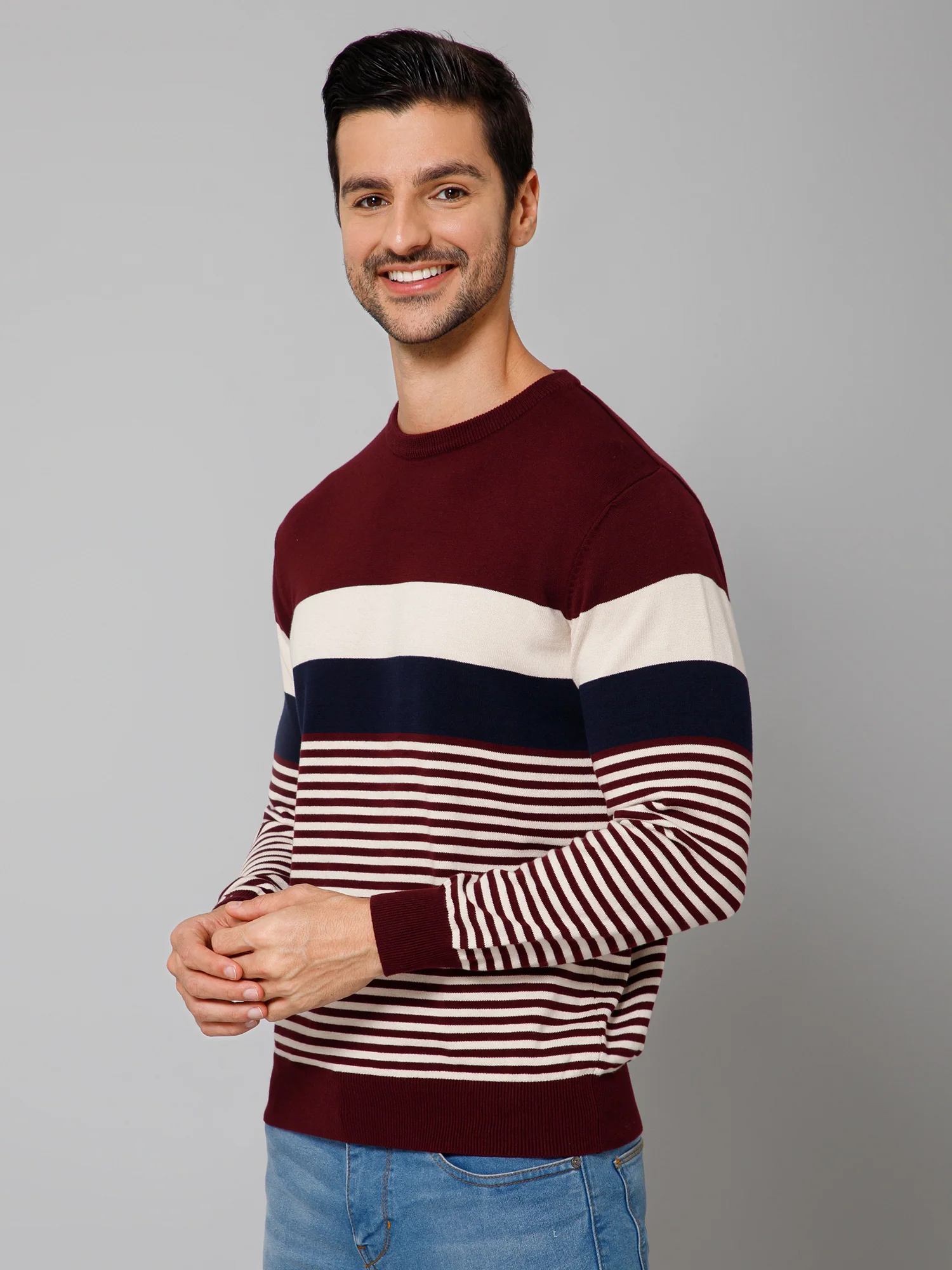 Striped Wine Full Sleeves Round Neck Regular Fit Casual Sweater for Men - Image 2
