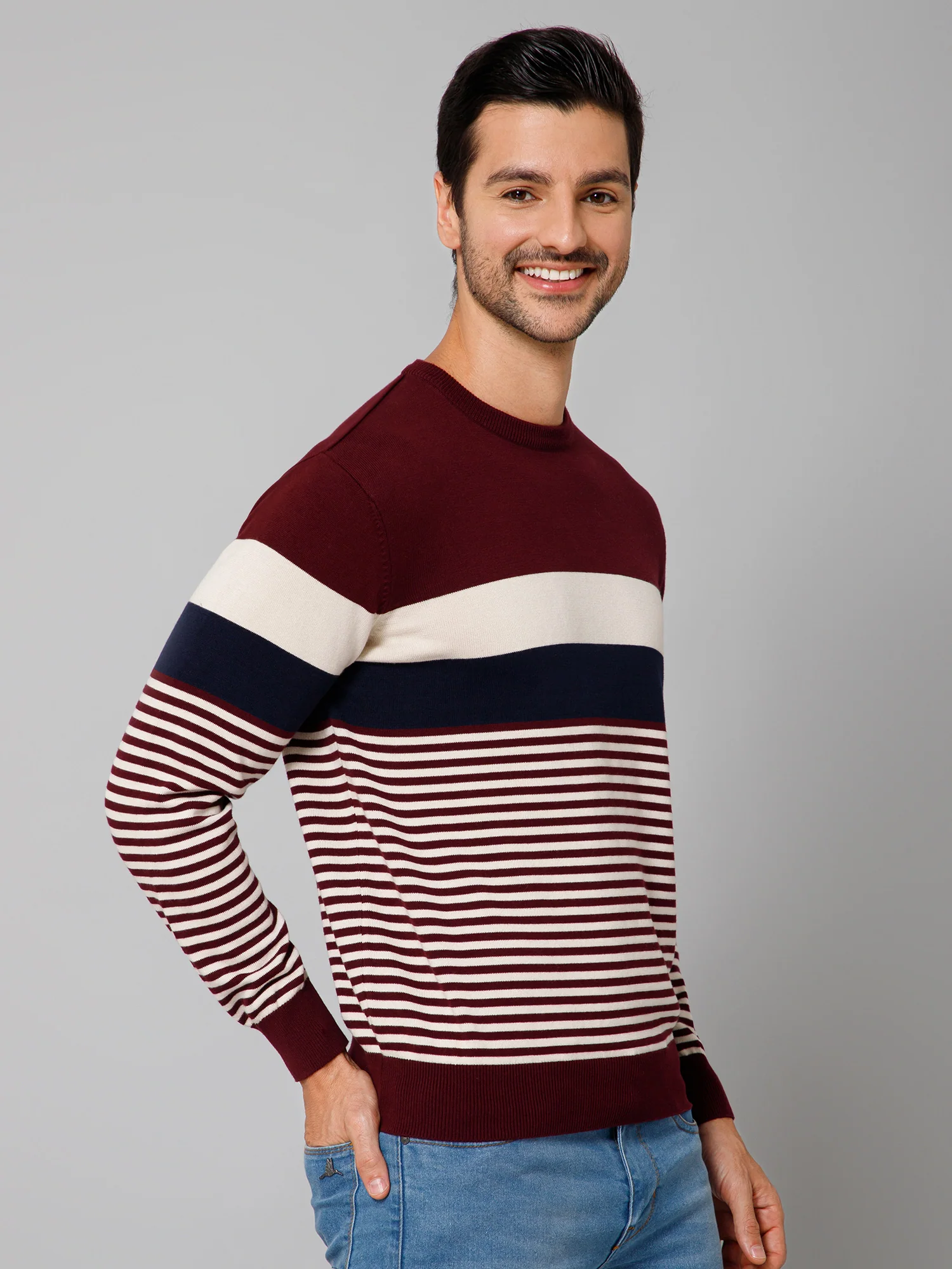 Striped Wine Full Sleeves Round Neck Regular Fit Casual Sweater for Men - Image 3