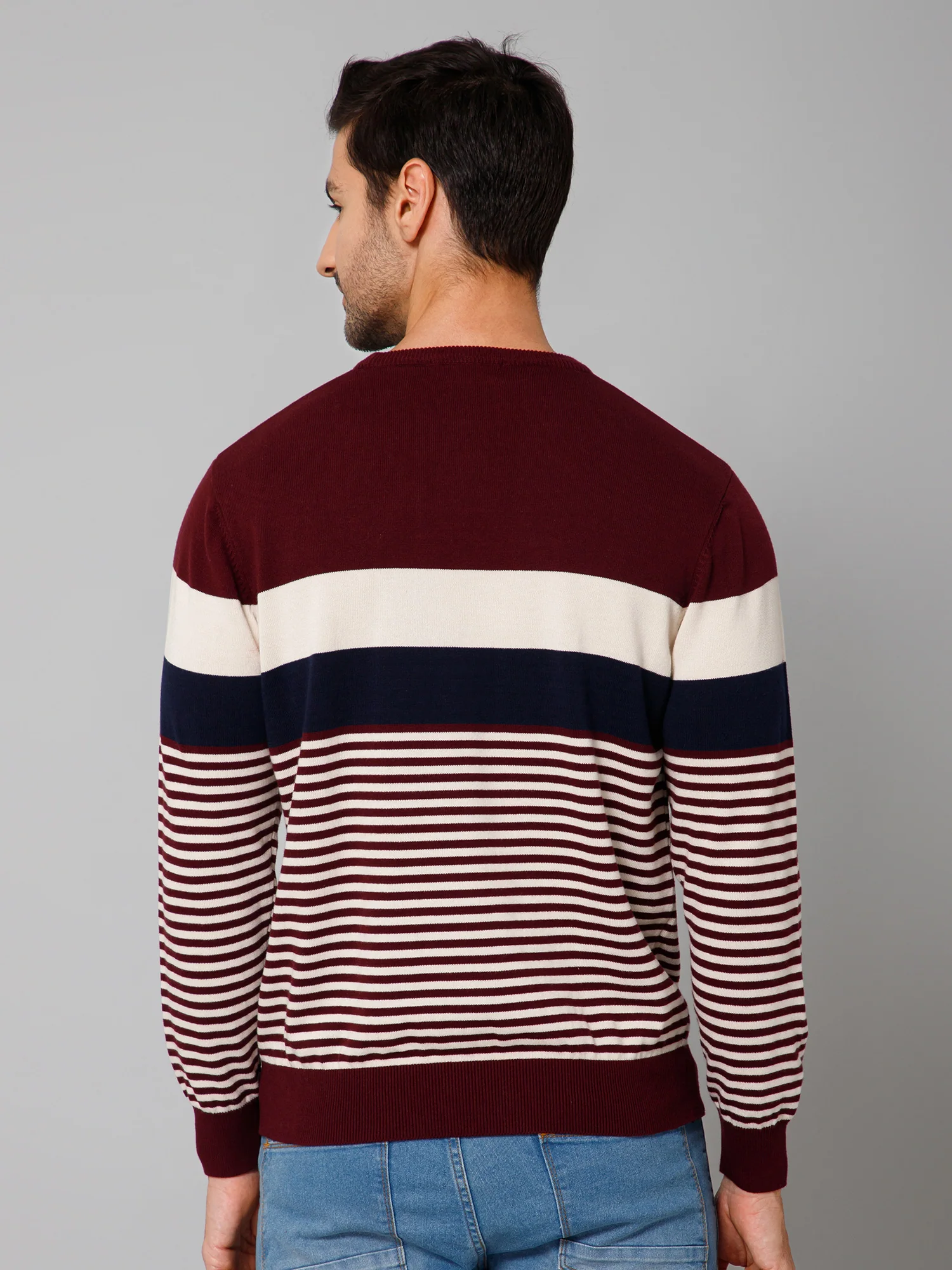 Striped Wine Full Sleeves Round Neck Regular Fit Casual Sweater for Men - Image 4
