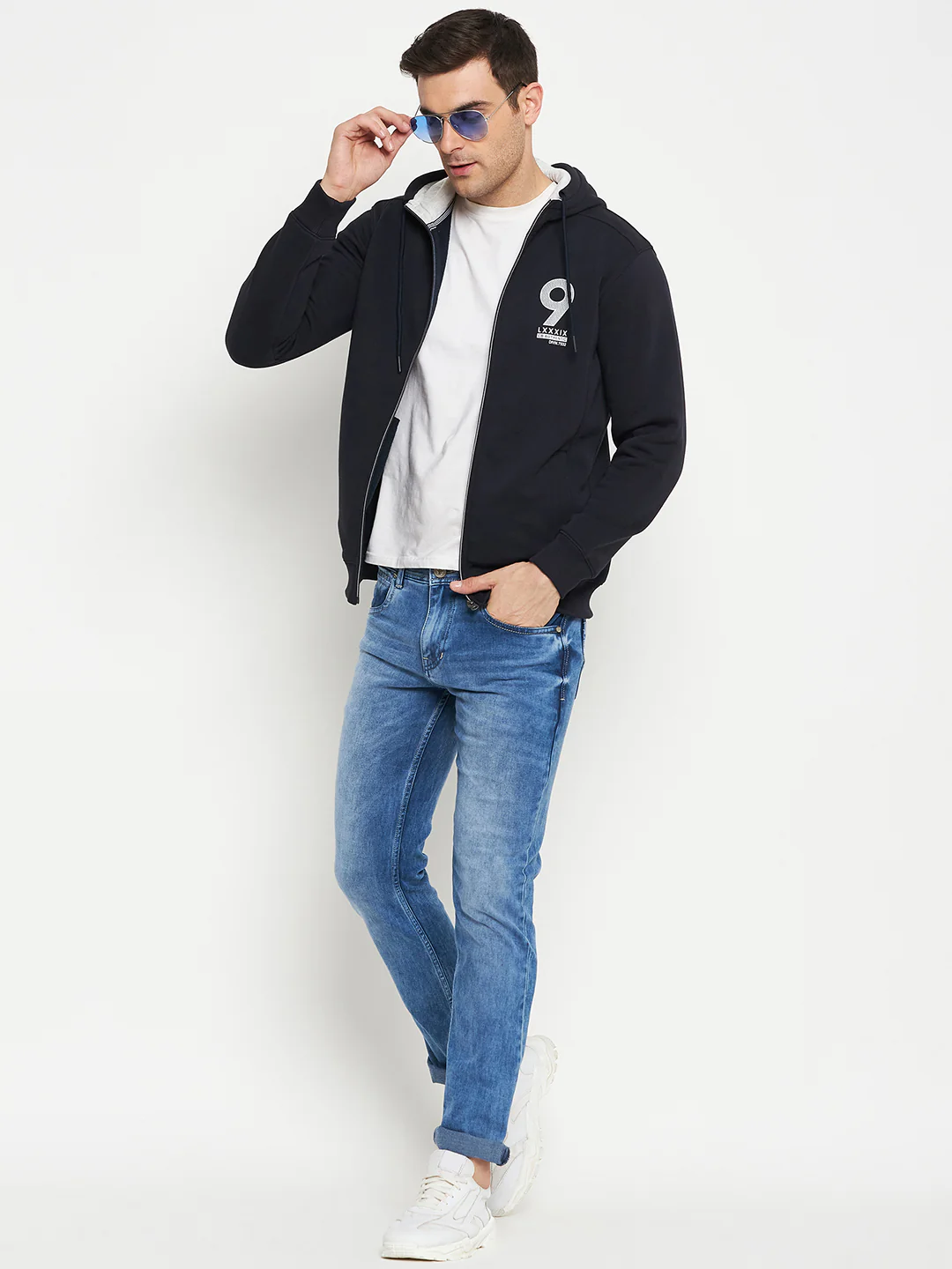 Typography Printed Navy Blue Full Sleeves Hooded Neck Regular Fit Casual Sweatshirt for Men - Image 2