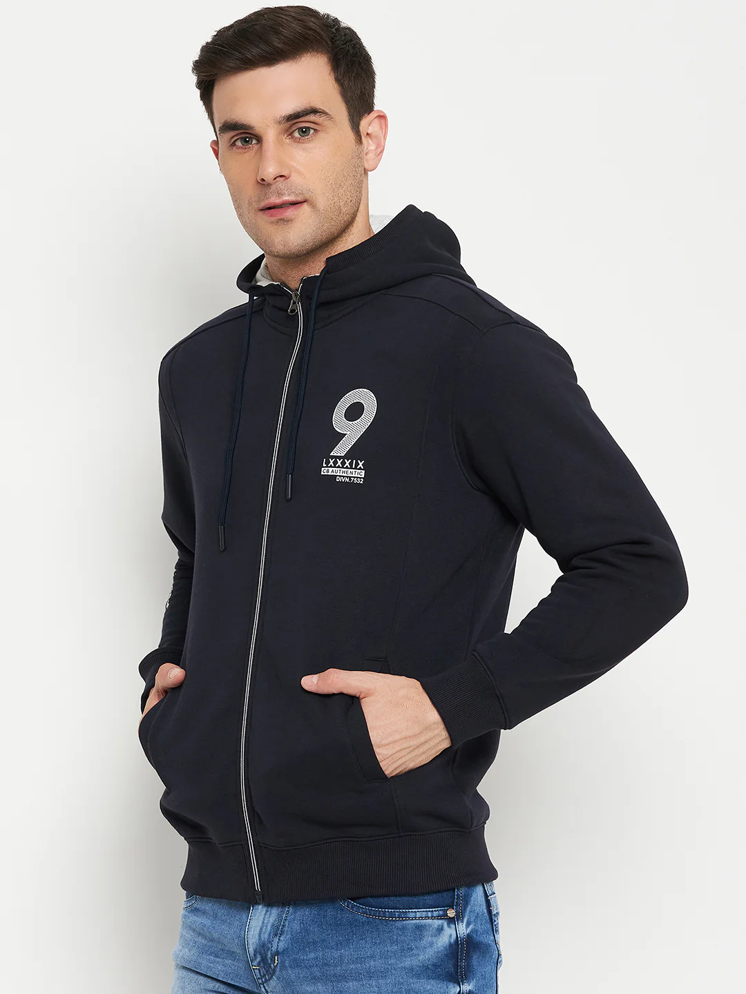 Typography Printed Navy Blue Full Sleeves Hooded Neck Regular Fit Casual Sweatshirt for Men - Image 3