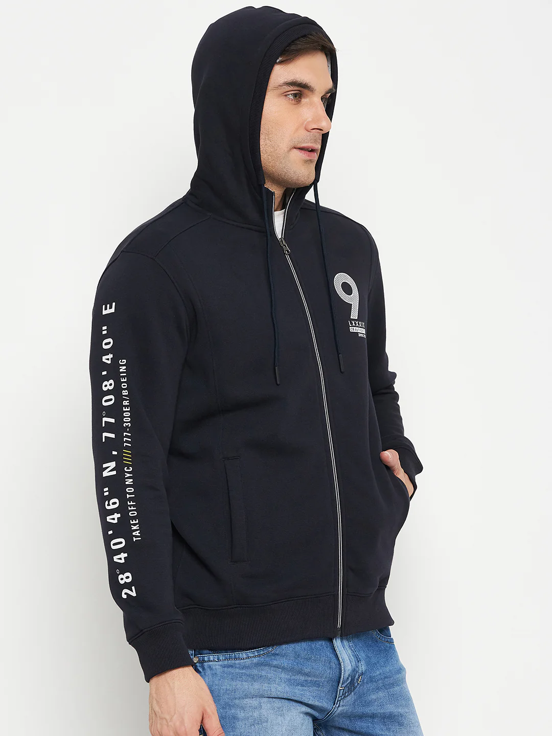 Typography Printed Navy Blue Full Sleeves Hooded Neck Regular Fit Casual Sweatshirt for Men - Image 4