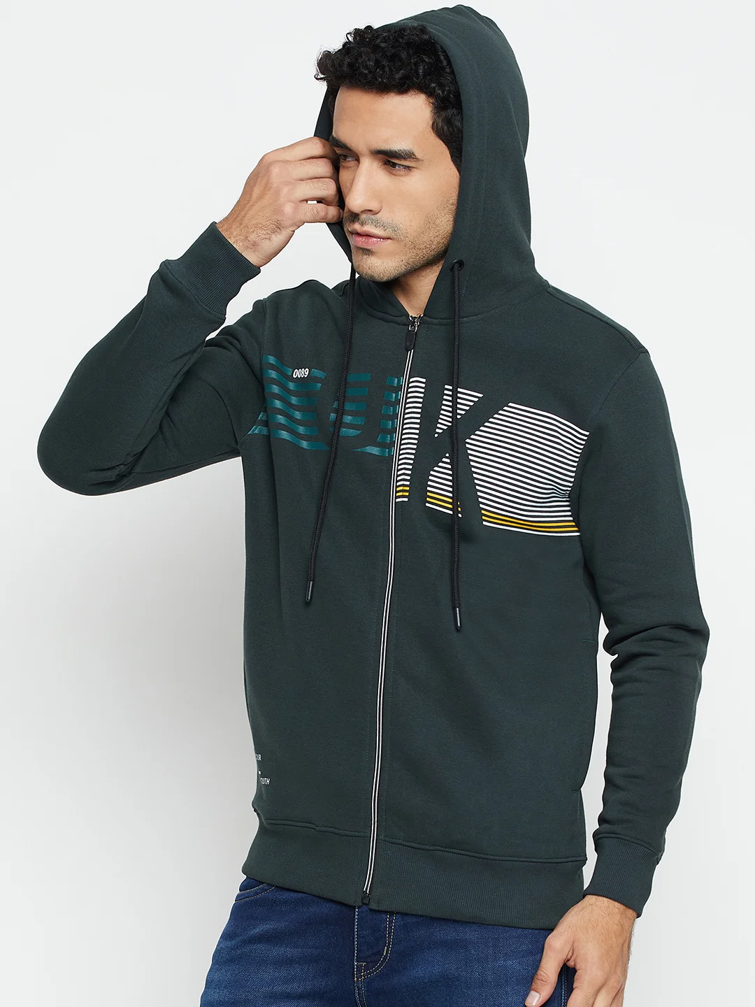 Typography Printed Green Full Sleeves Hooded Neck Regular Fit Casual Sweatshirt for Men - Image 3