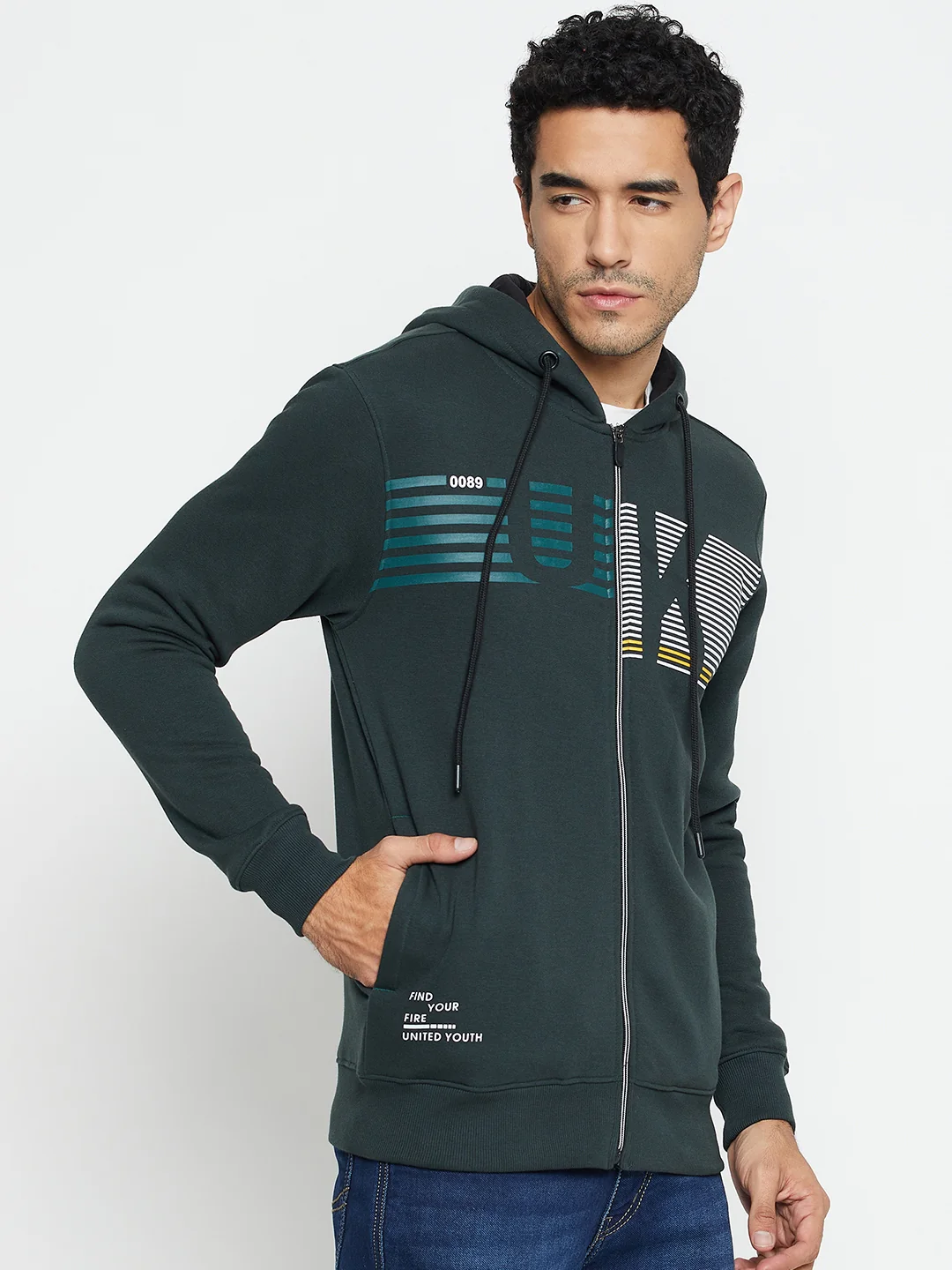 Typography Printed Green Full Sleeves Hooded Neck Regular Fit Casual Sweatshirt for Men - Image 4