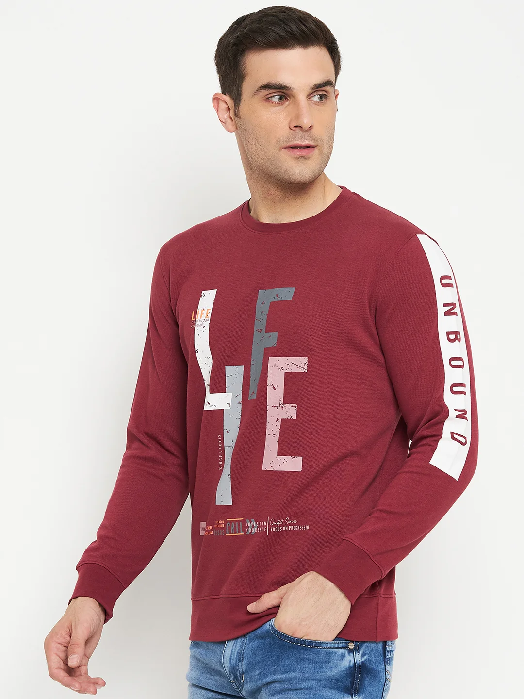 Typography Printed Pink Full Sleeves Round Neck Regular Fit Casual Sweatshirt for Men - Image 3