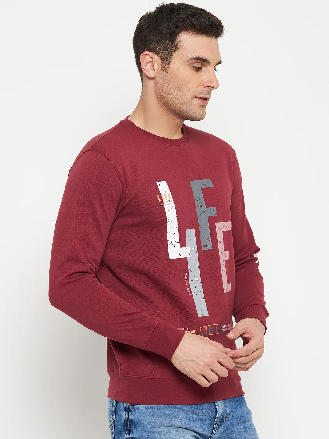 Typography Printed Pink Full Sleeves Round Neck Regular Fit Casual Sweatshirt for Men - Image 4