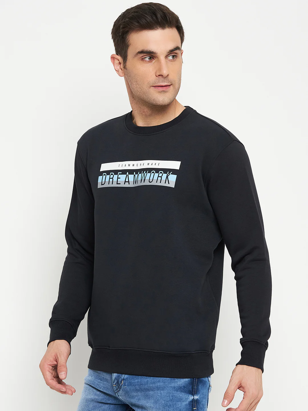 Typography Printed Navy Blue Full Sleeves Round Neck Regular Fit Casual Sweatshirt for Men - Image 3