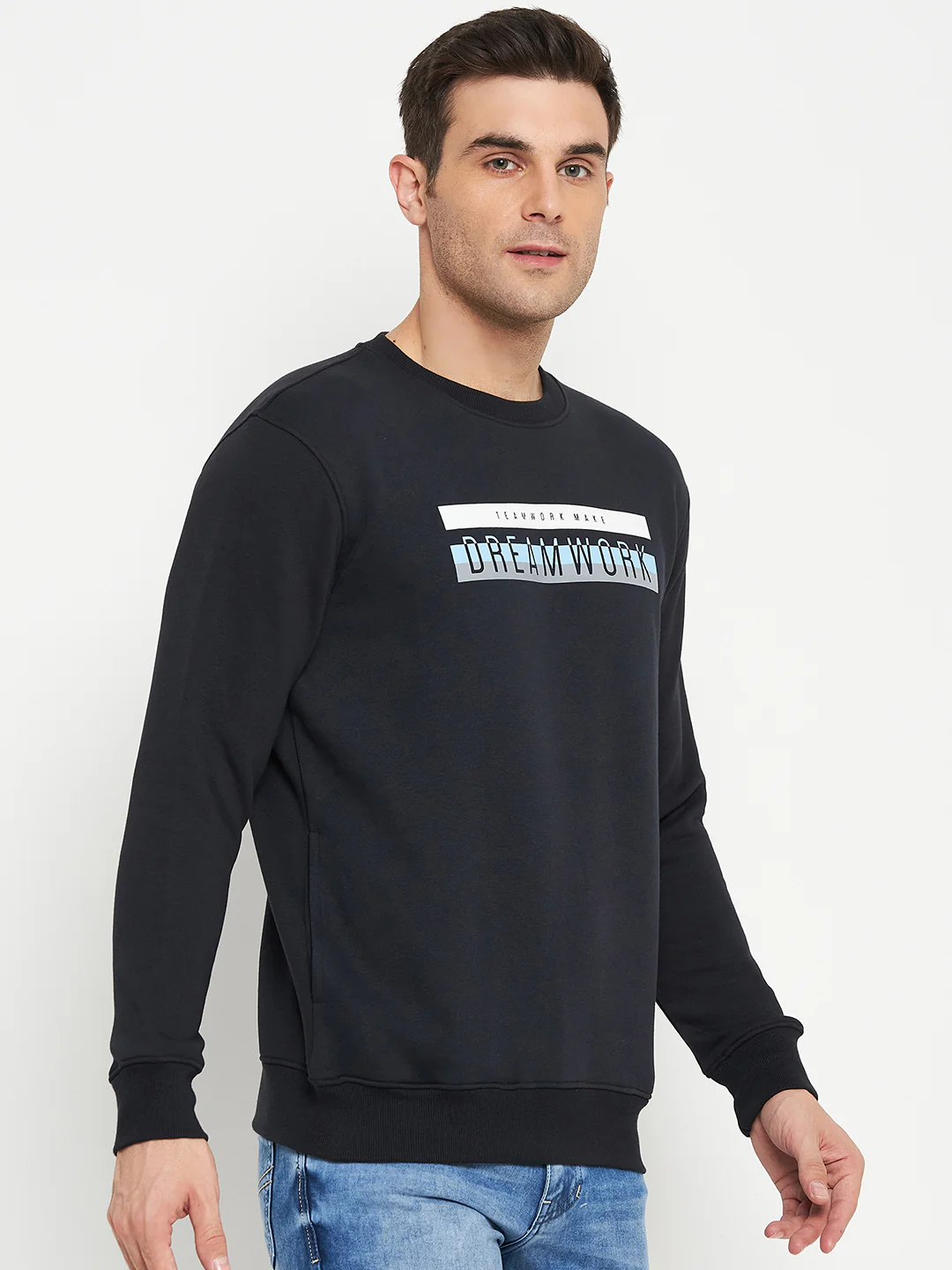 Typography Printed Navy Blue Full Sleeves Round Neck Regular Fit Casual Sweatshirt for Men - Image 4
