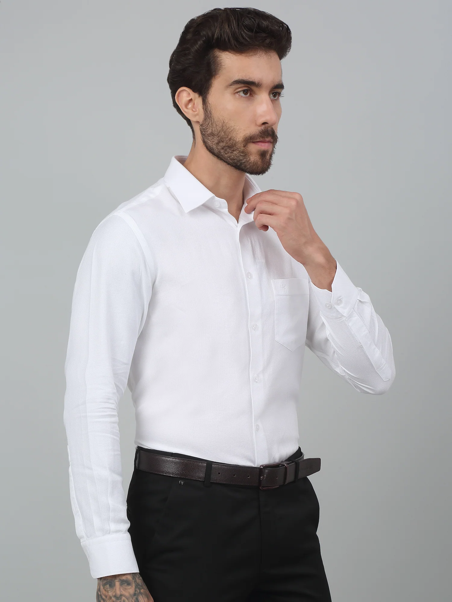 Men's White Formal Self Textured Full Sleeve Shirt - Image 3