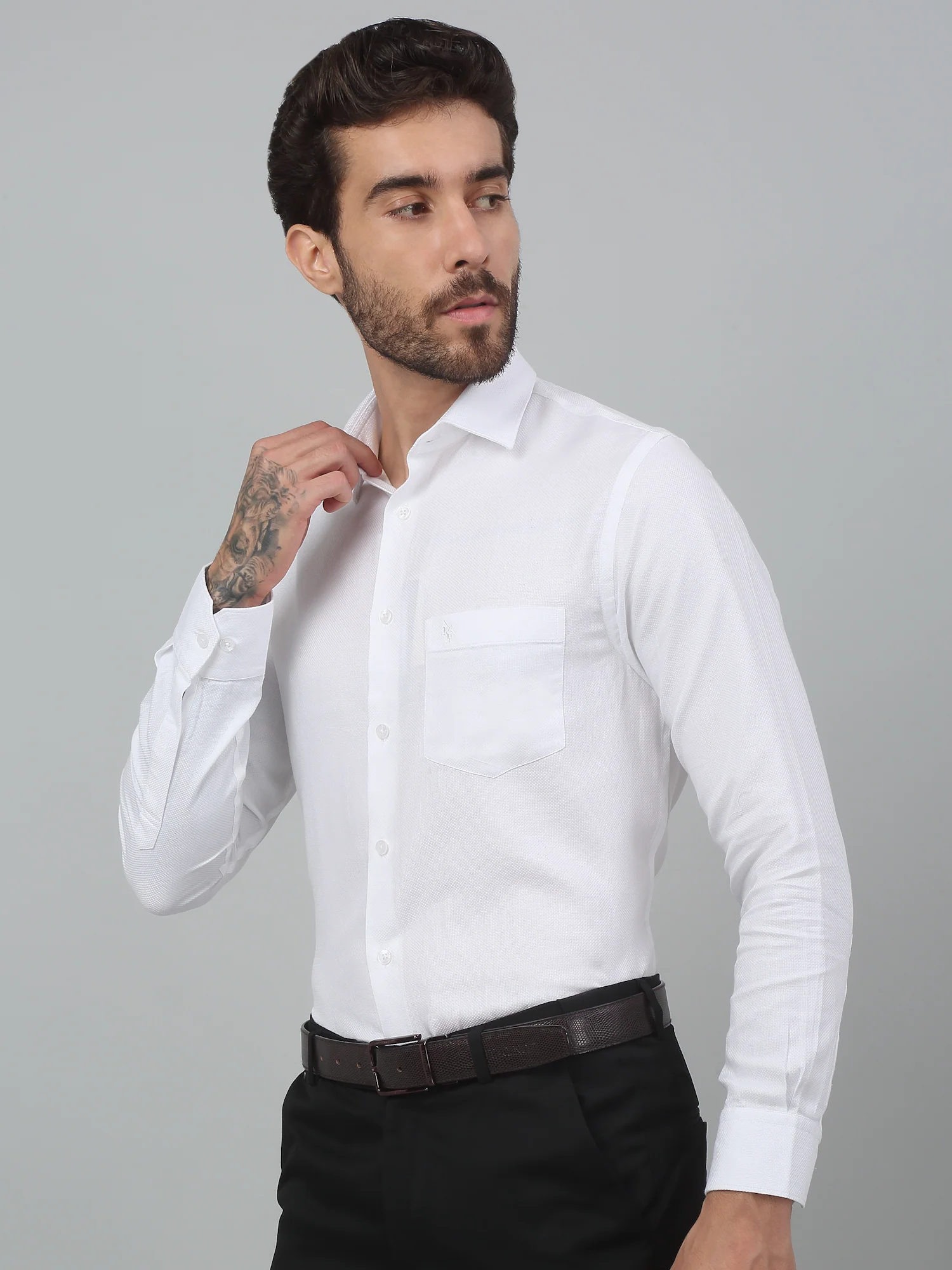 Men's White Formal Self Textured Full Sleeve Shirt - Image 4