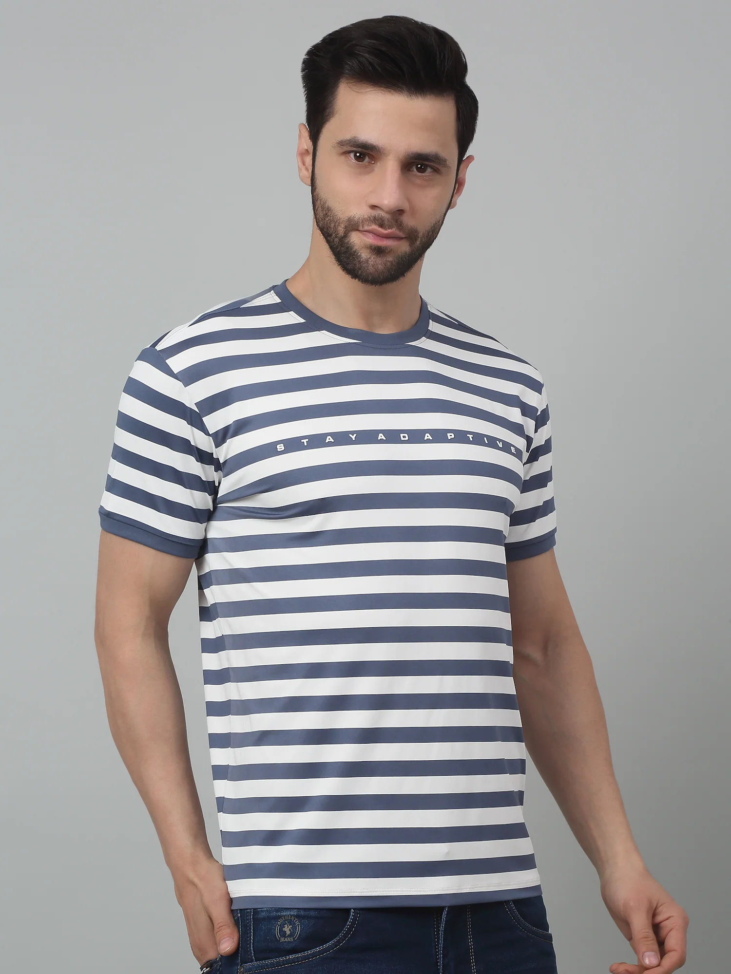 T-Shirt for Men | Breathable & Soft with Color Fastness Regular Fit Round Neck Poly Cotton Fabric Striped Pattern - Image 3