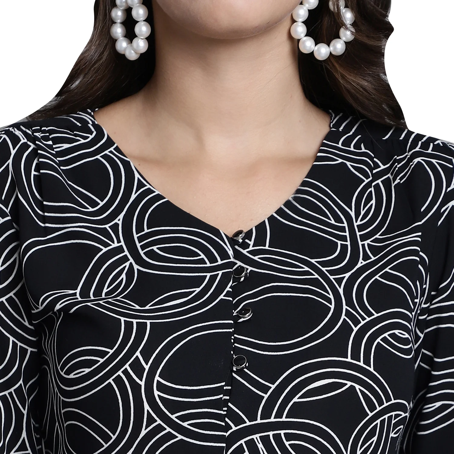 Women's Casual  Black Abstract Print V neck Top - Image 2