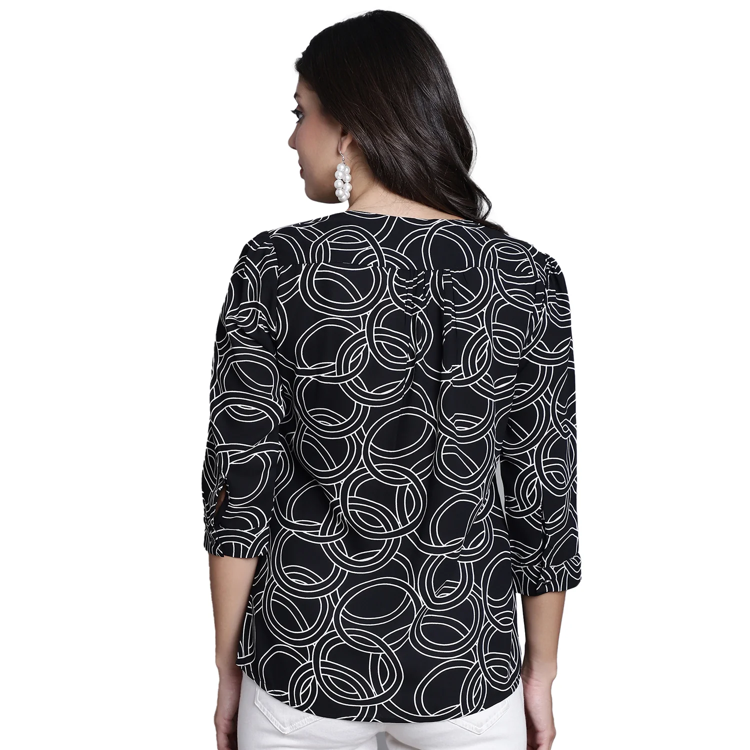 Women's Casual  Black Abstract Print V neck Top - Image 3