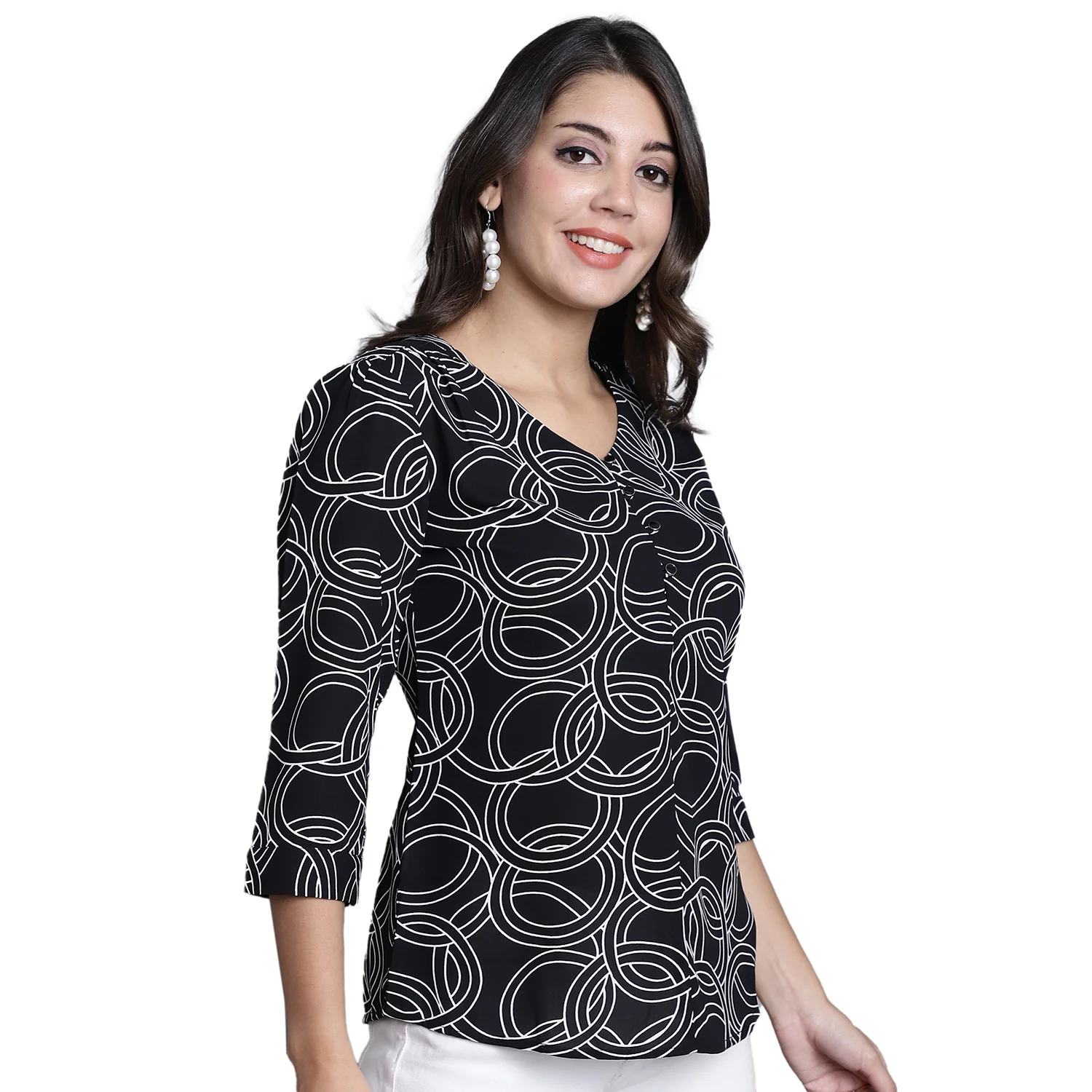 Women's Casual  Black Abstract Print V neck Top - Image 4