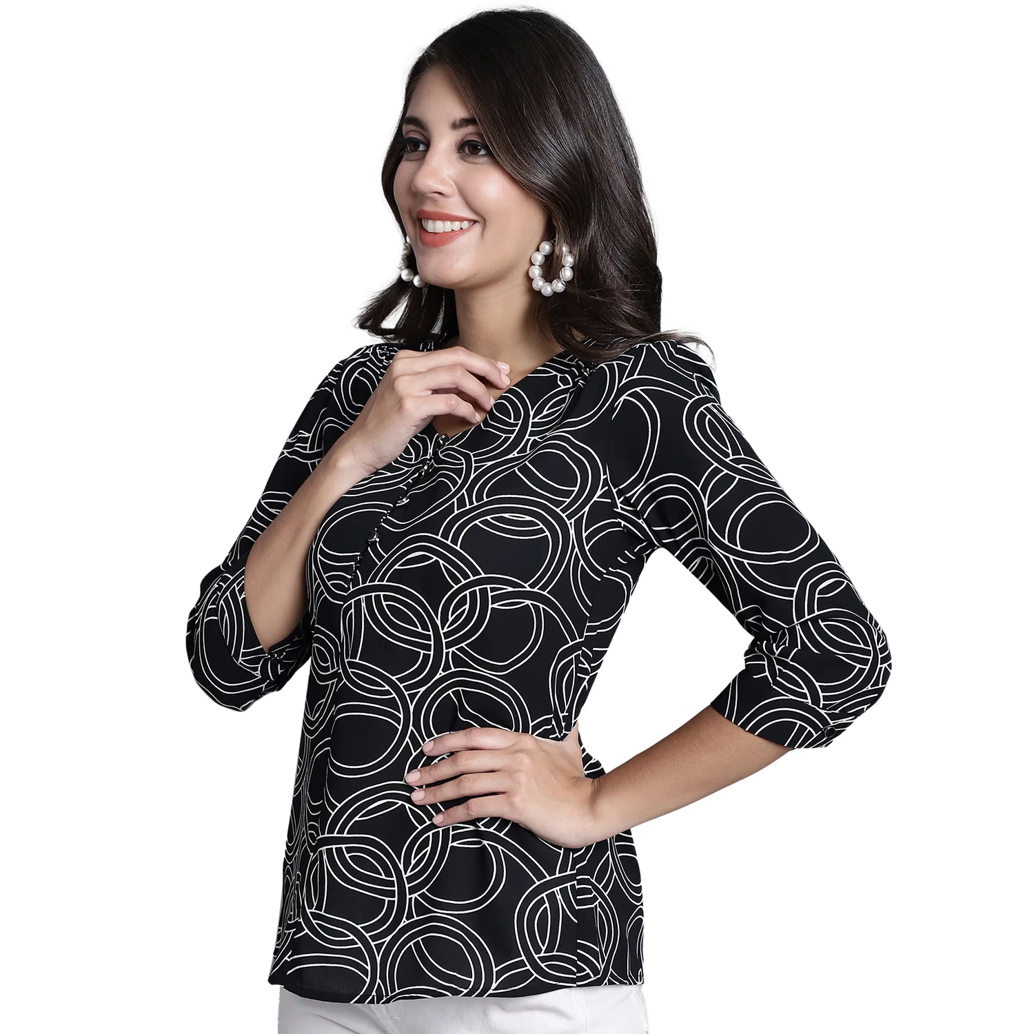 Women's Casual  Black Abstract Print V neck Top - Image 5