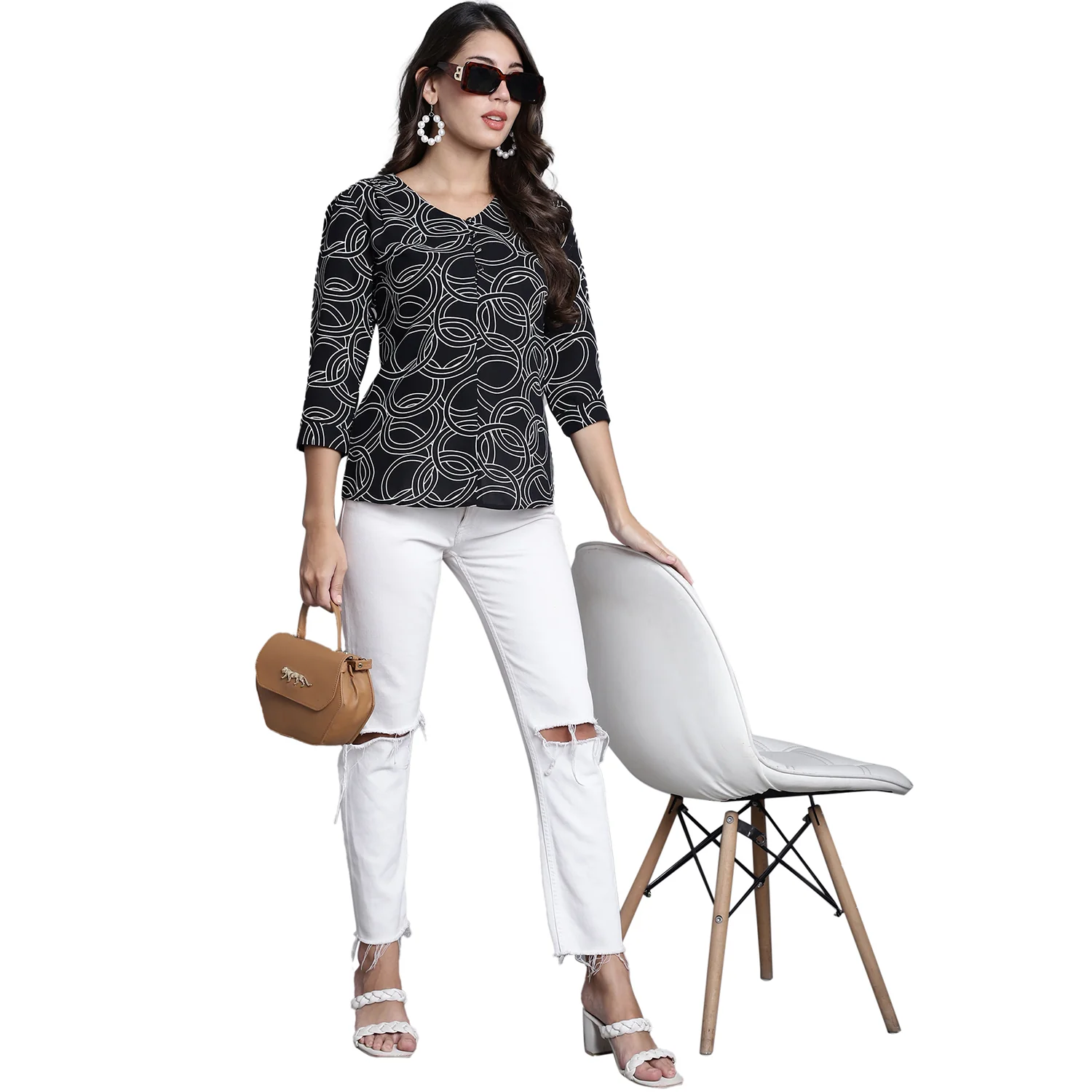 Women's Casual  Black Abstract Print V neck Top - Image 6