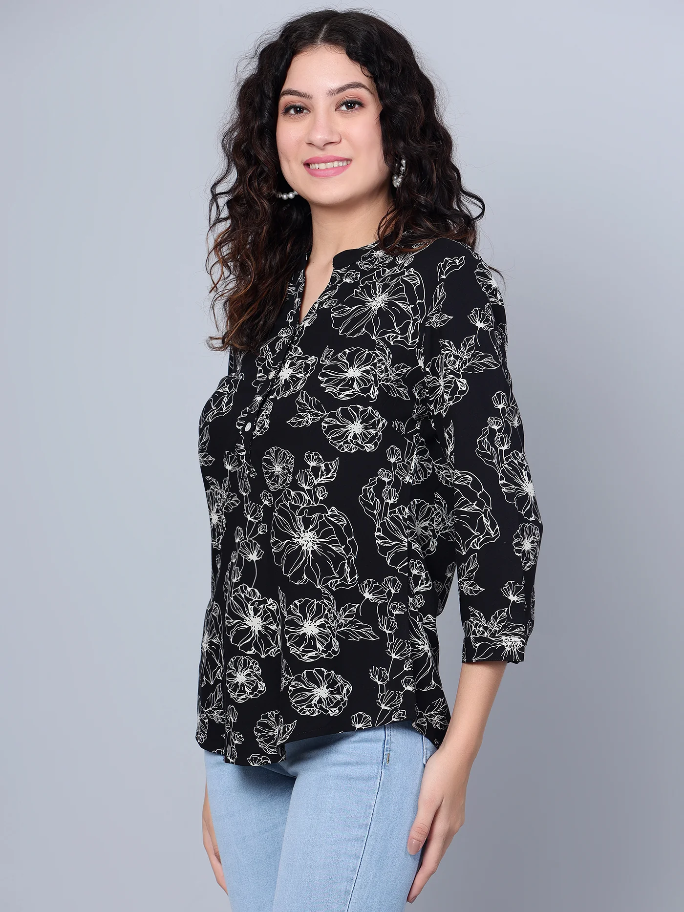 Women's Casual  Black Floral Print Mandarin Collar Tunic - Image 2