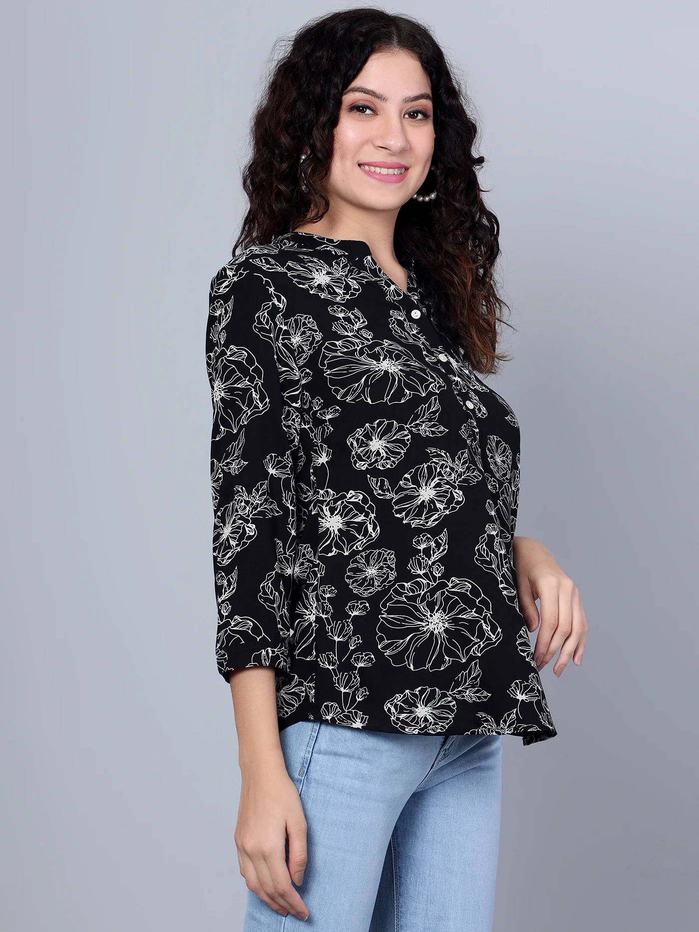 Women's Casual  Black Floral Print Mandarin Collar Tunic - Image 3