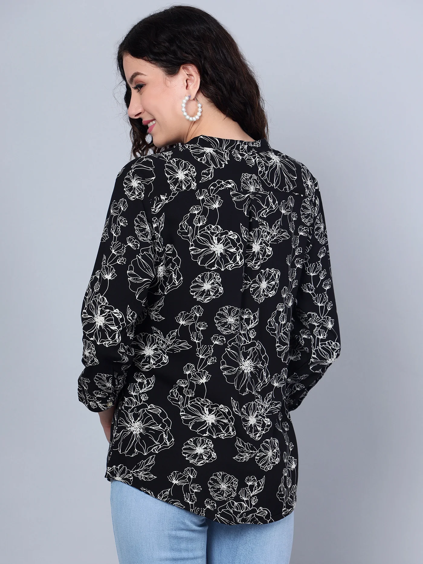 Women's Casual  Black Floral Print Mandarin Collar Tunic - Image 4