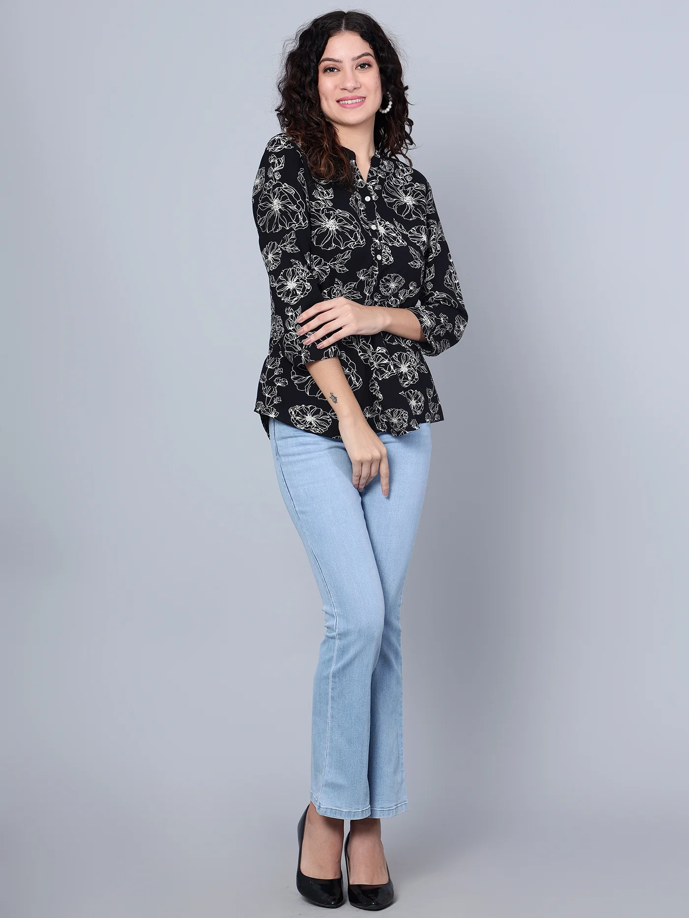 Women's Casual  Black Floral Print Mandarin Collar Tunic - Image 6