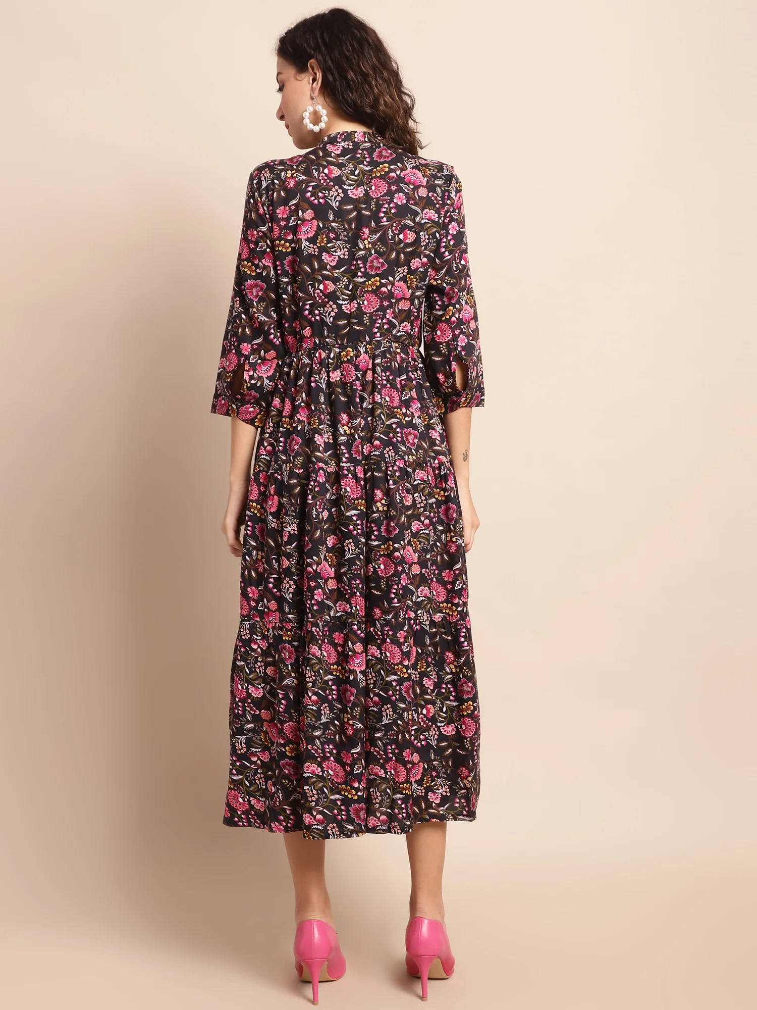 Women's Casual Mandarin Collar Black Floral Print Fit & Flared Dress - Image 2