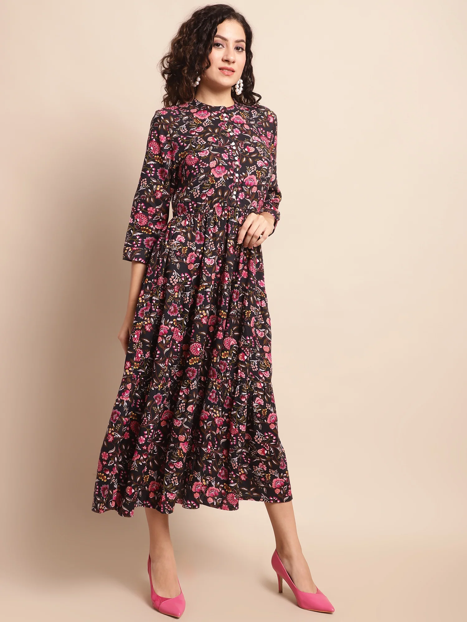 Women's Casual Mandarin Collar Black Floral Print Fit & Flared Dress - Image 3