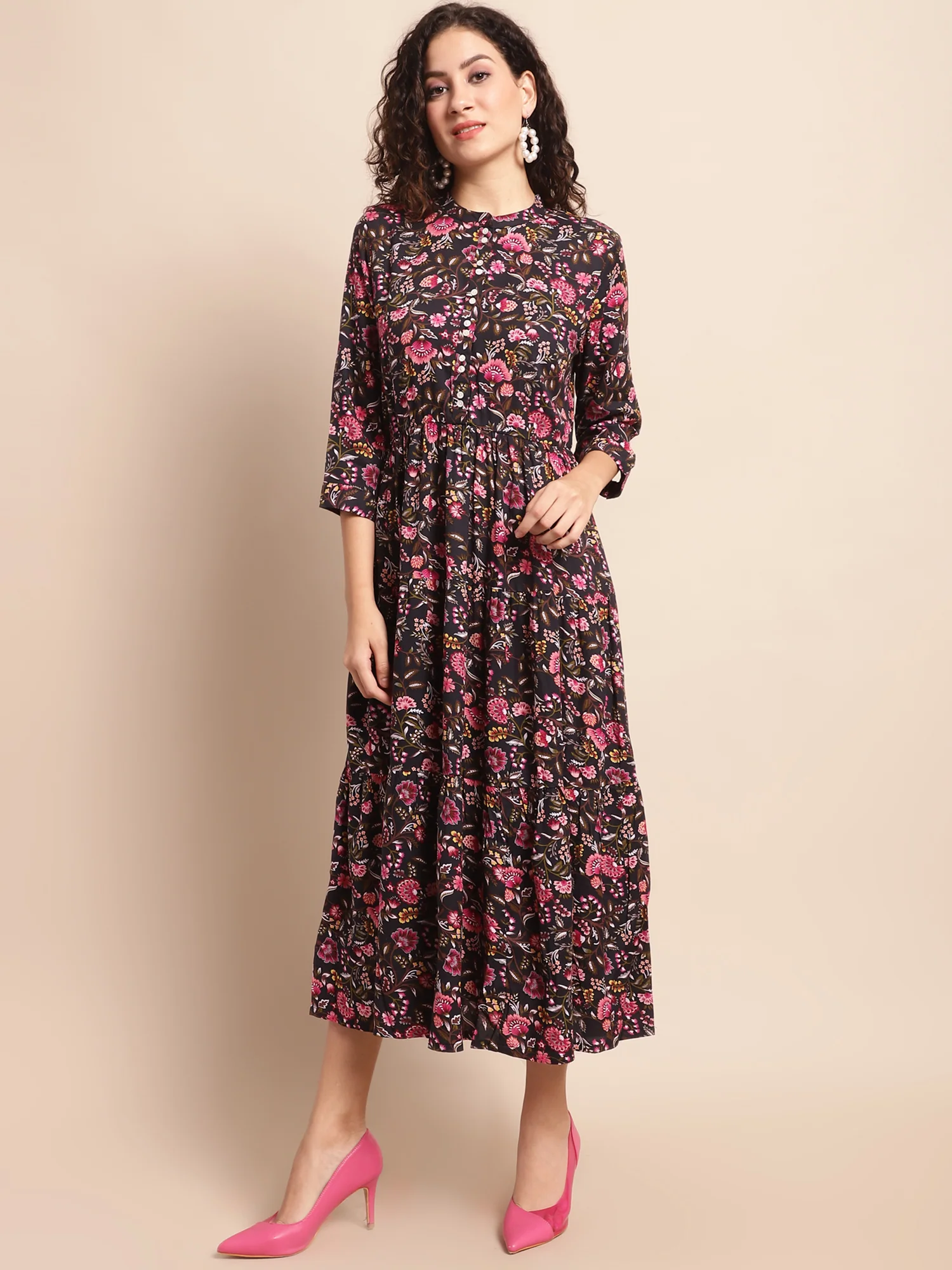 Women's Casual Mandarin Collar Black Floral Print Fit & Flared Dress - Image 4