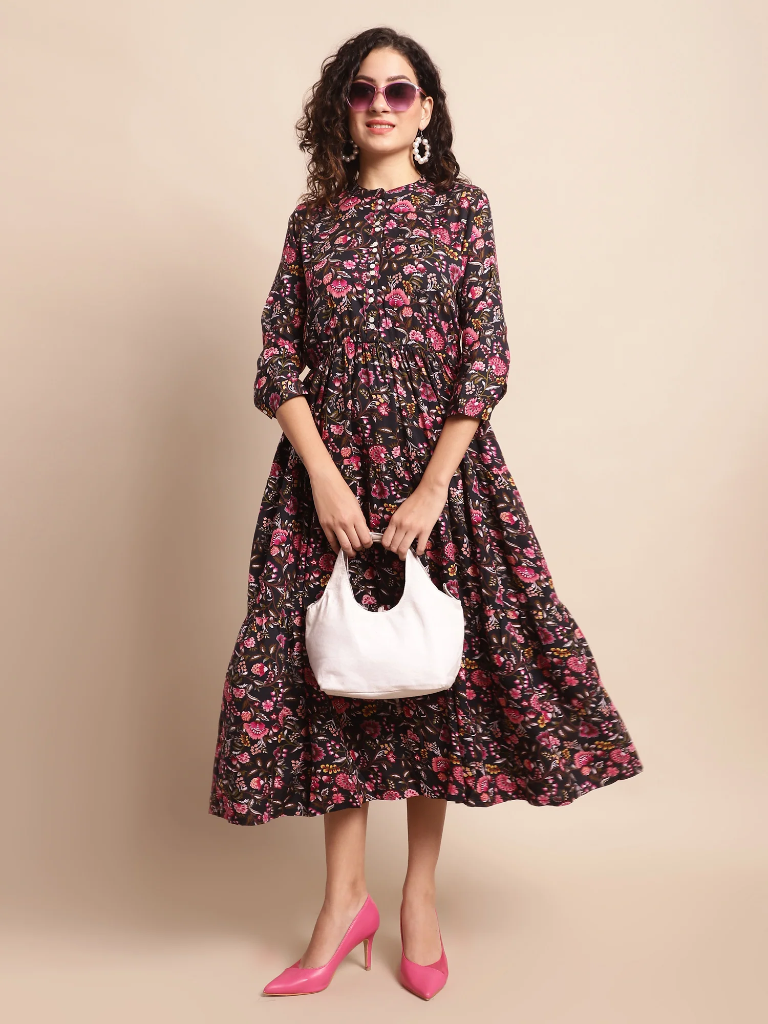 Women's Casual Mandarin Collar Black Floral Print Fit & Flared Dress - Image 5