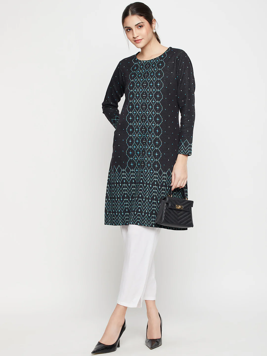 Women's Casual Round neck Black All over Jacquard Knee Length Knit Kurti - Image 2