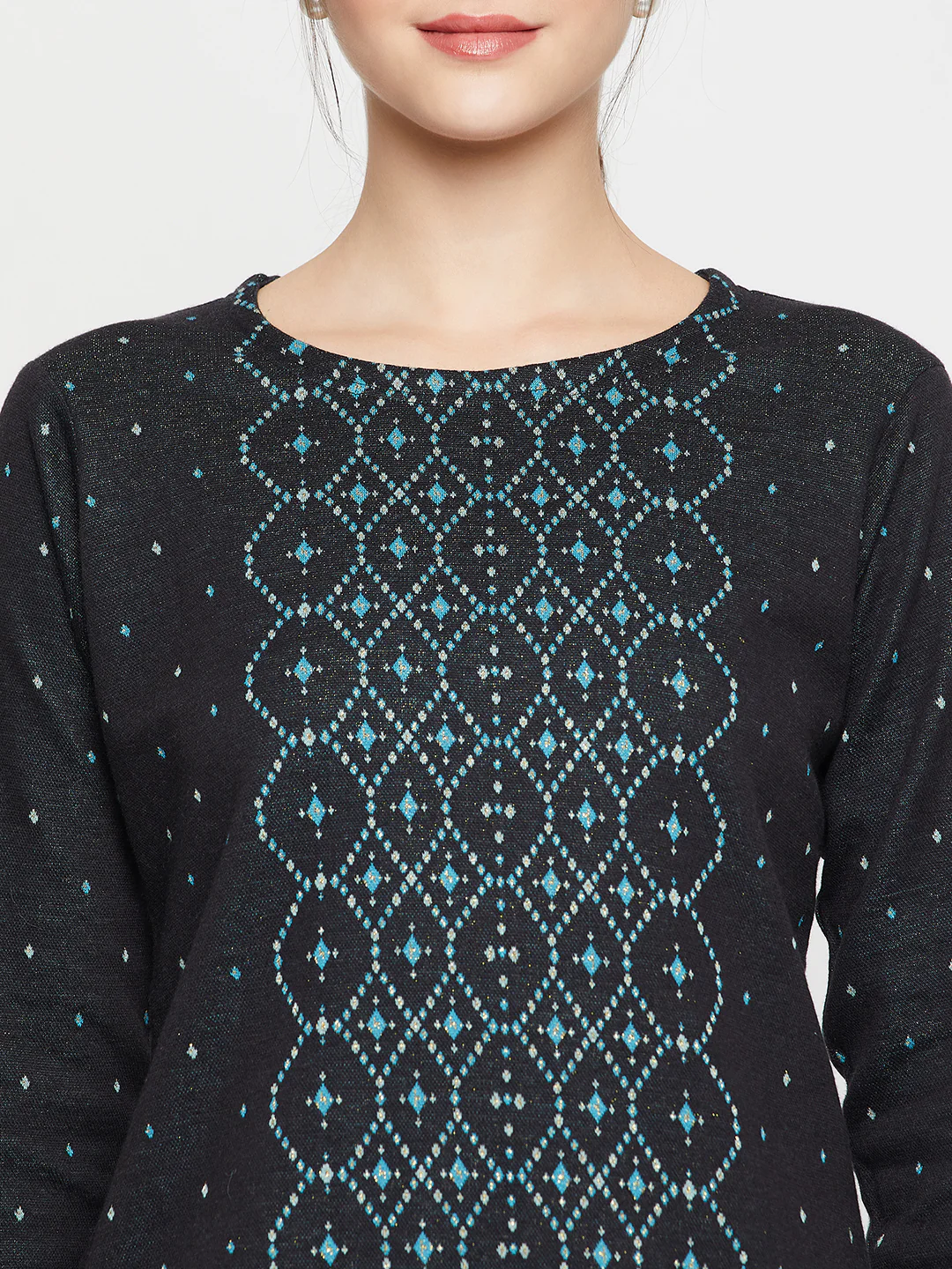Women's Casual Round neck Black All over Jacquard Knee Length Knit Kurti - Image 6