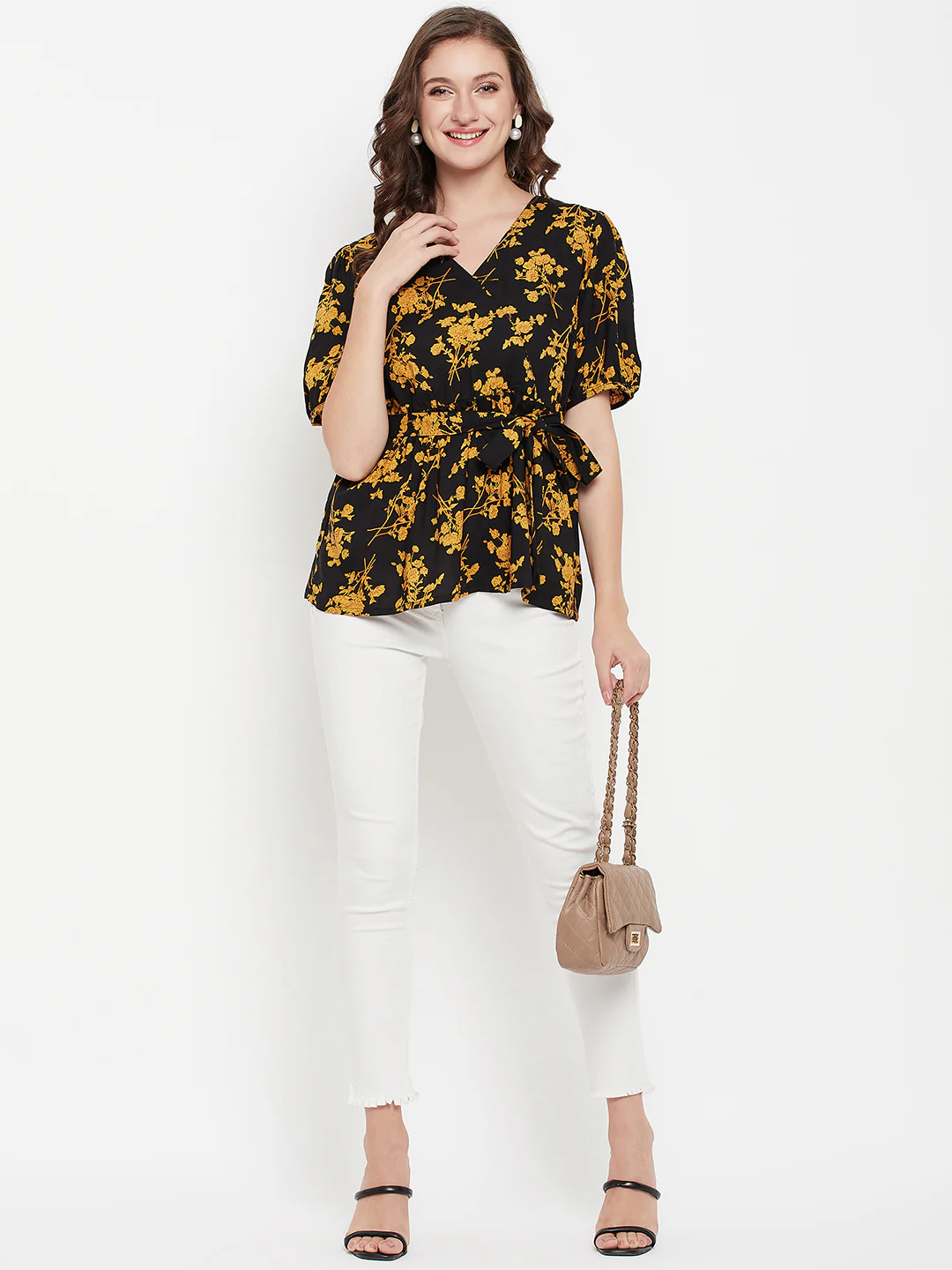 Women's Casual  Black Floral Print V neck Top - Image 2